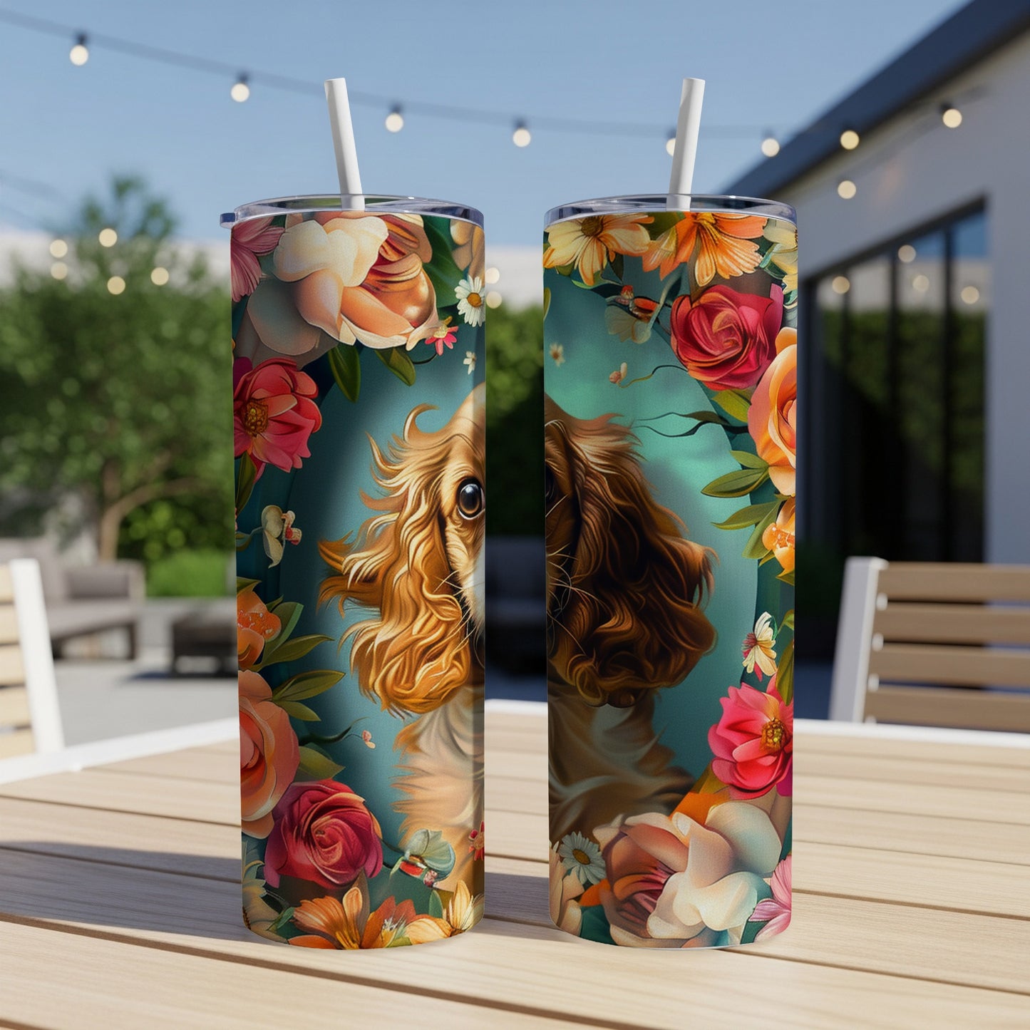 Two tumblers with a close-up of a dog's face surrounded by colorful flowers.