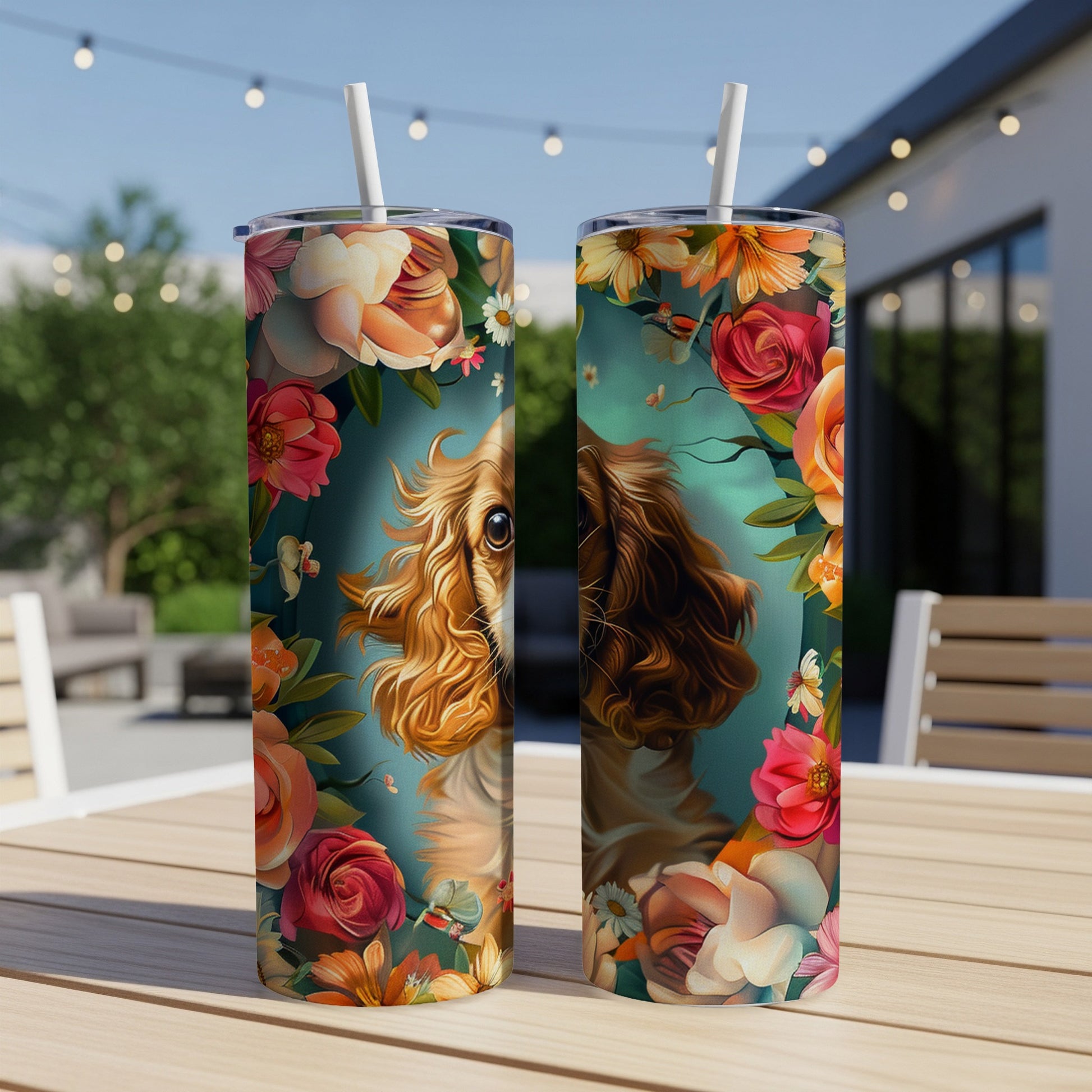 Two tumblers with a close-up of a dog's face surrounded by colorful flowers.