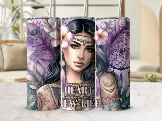 Boho-inspired tumbler with woman, feathers, and dreamcatcher. "Open your heart to open your new life."