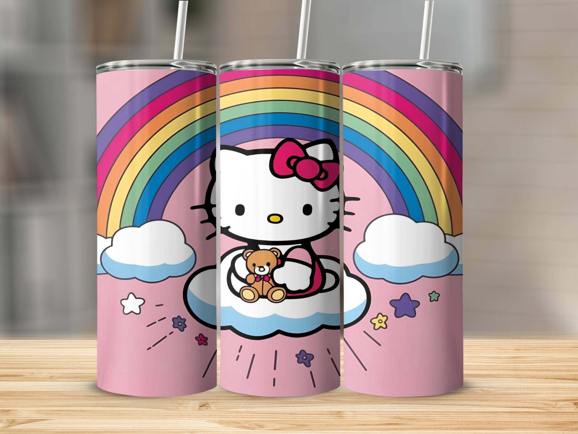 Hello Kitty with teddy bear on cloud with rainbow and stars.