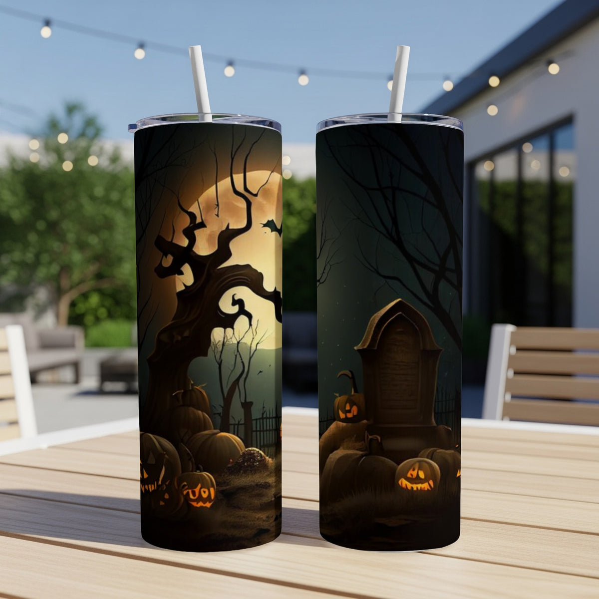 Two tumblers with spooky Halloween graveyard and jack-o'-lantern designs.