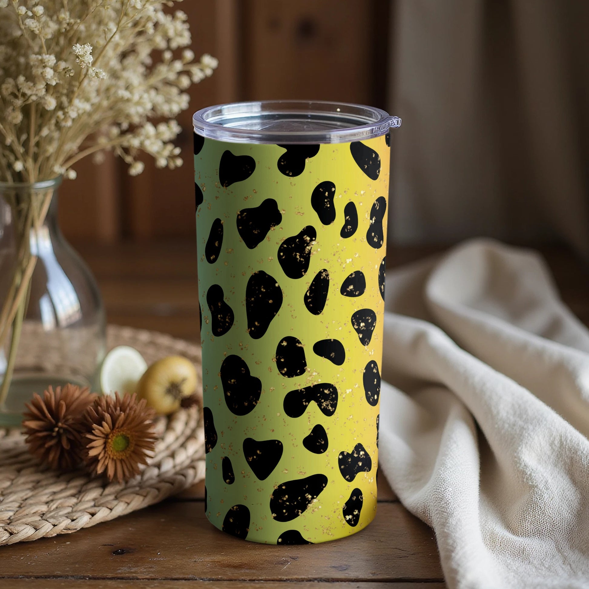 Leopard Print Tumbler with Lid Black and Yellow Tumbler