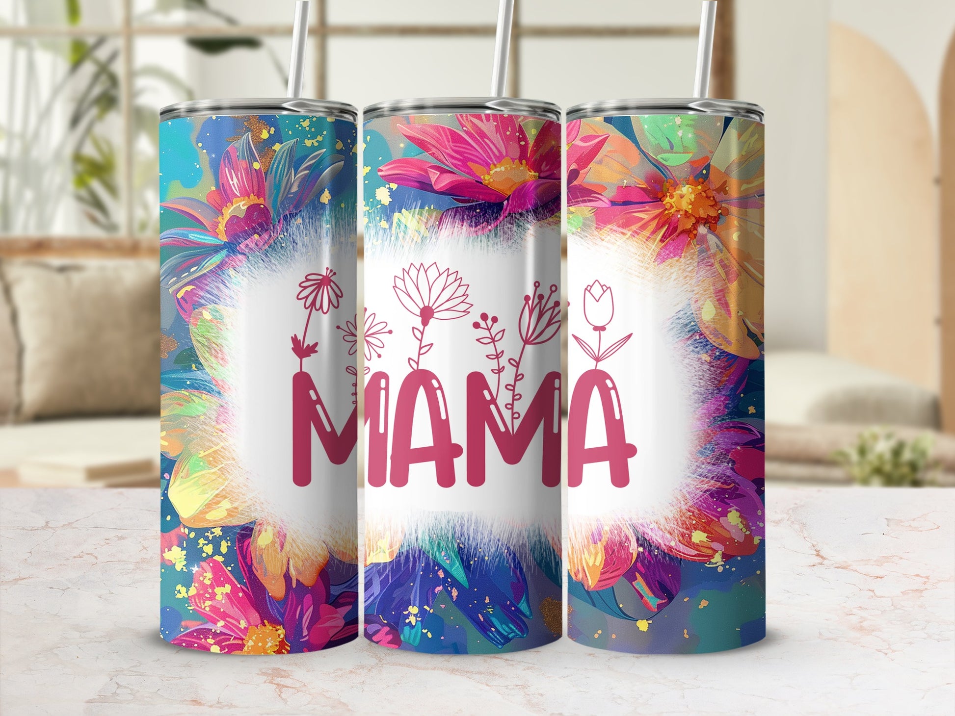 Colorful Floral Mama Design Tumbler With Straw