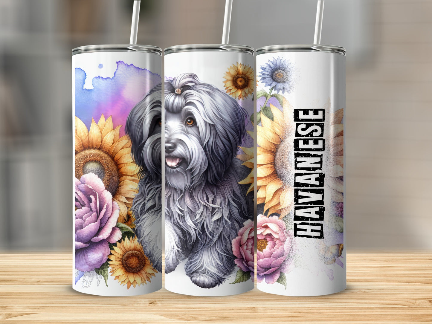 Havanese dog with sunflowers and roses on a white tumbler.