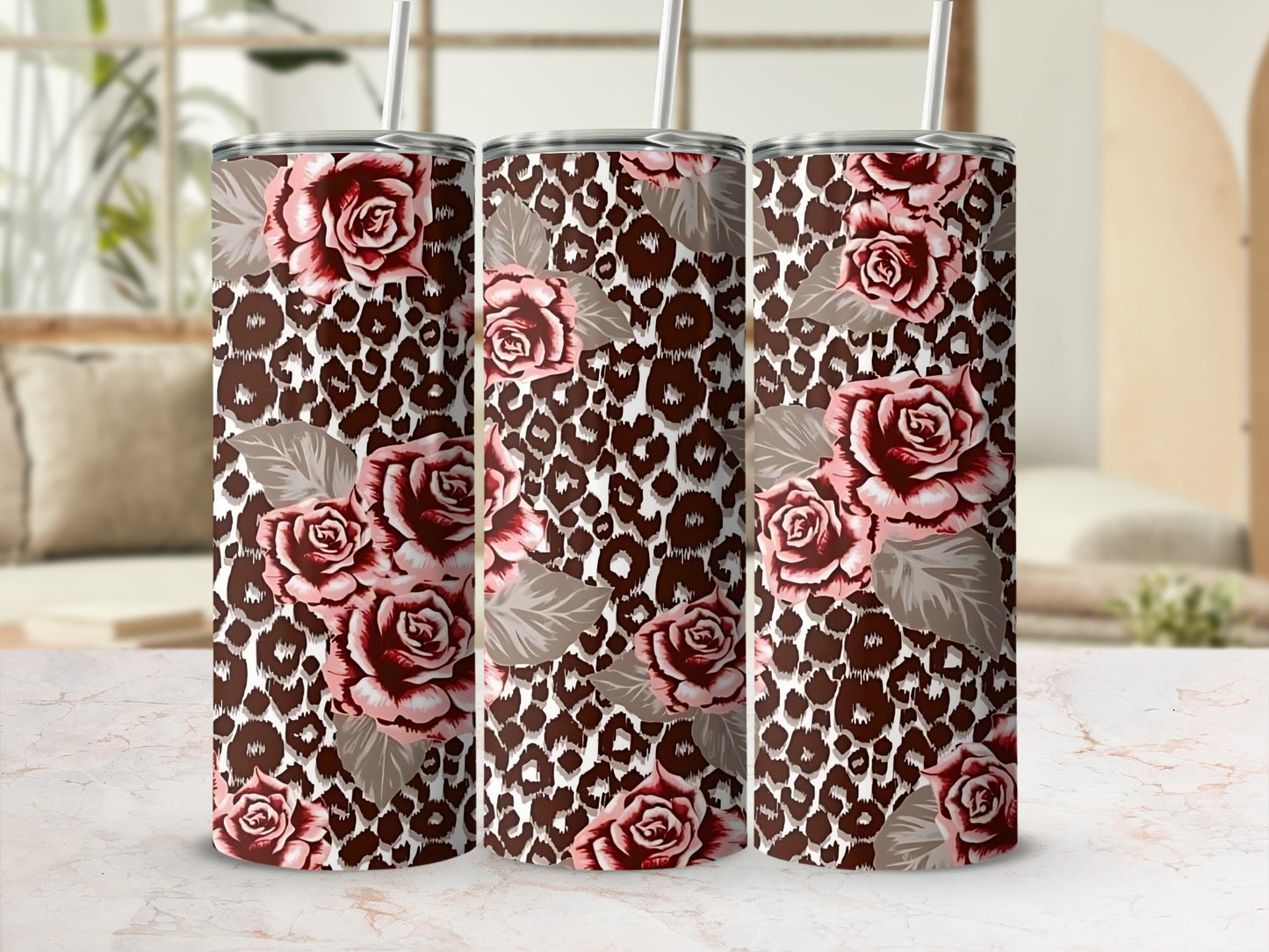 Leopard Print Tumbler with Rose Flower Design