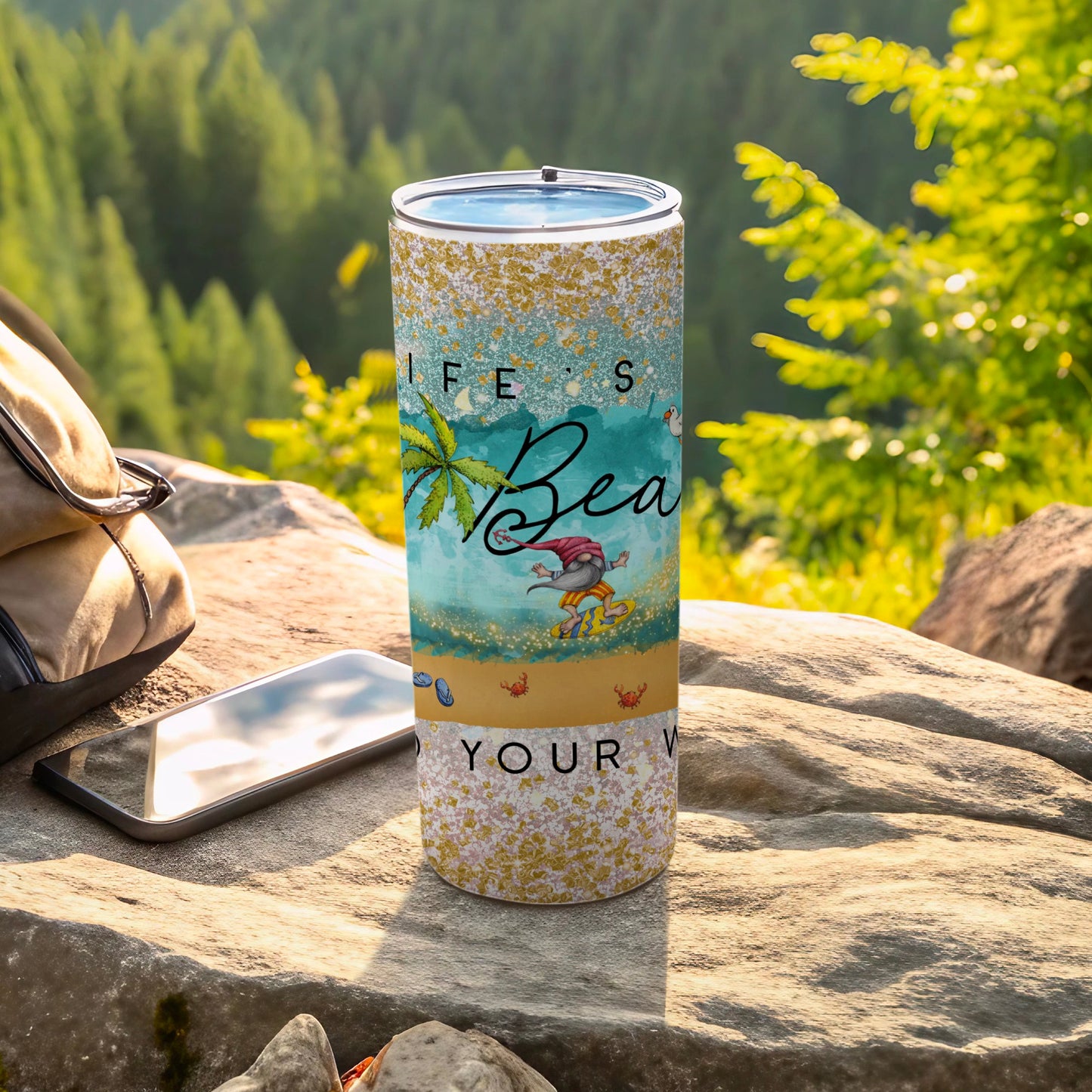 "Life's a Beach" tumbler with gnome and palm tree graphic.