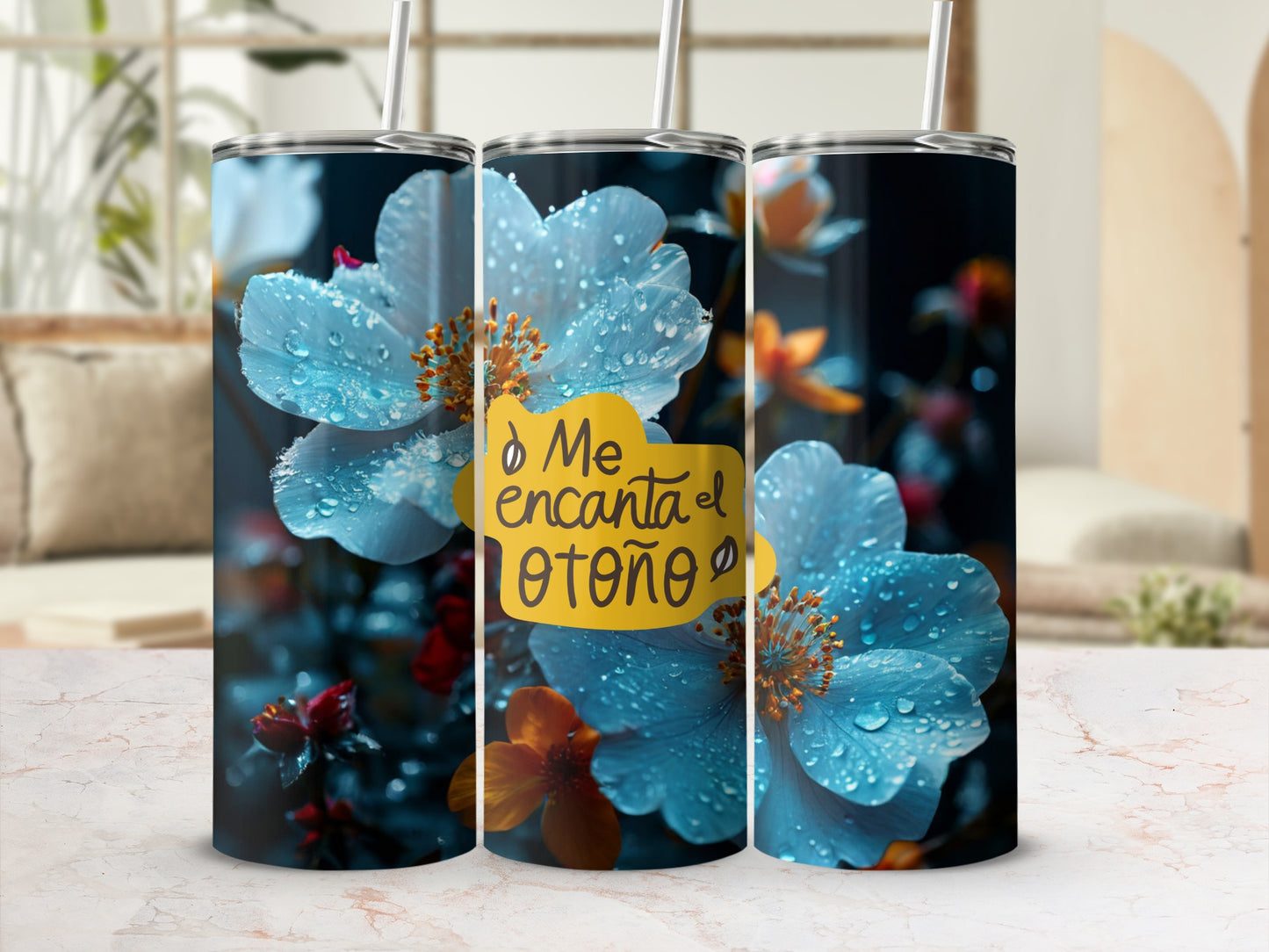 Blue flowers with water droplets and "Me encanta el otoño" text.
