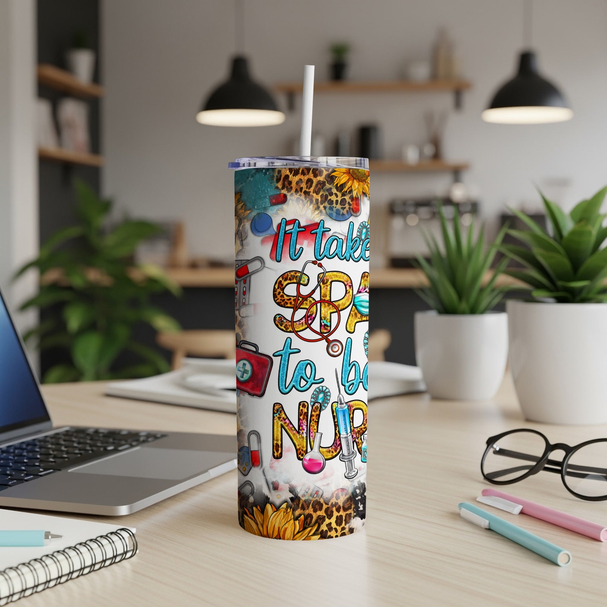 Tumbler with "It takes a special person to be a nurse" and medical/animal print design.