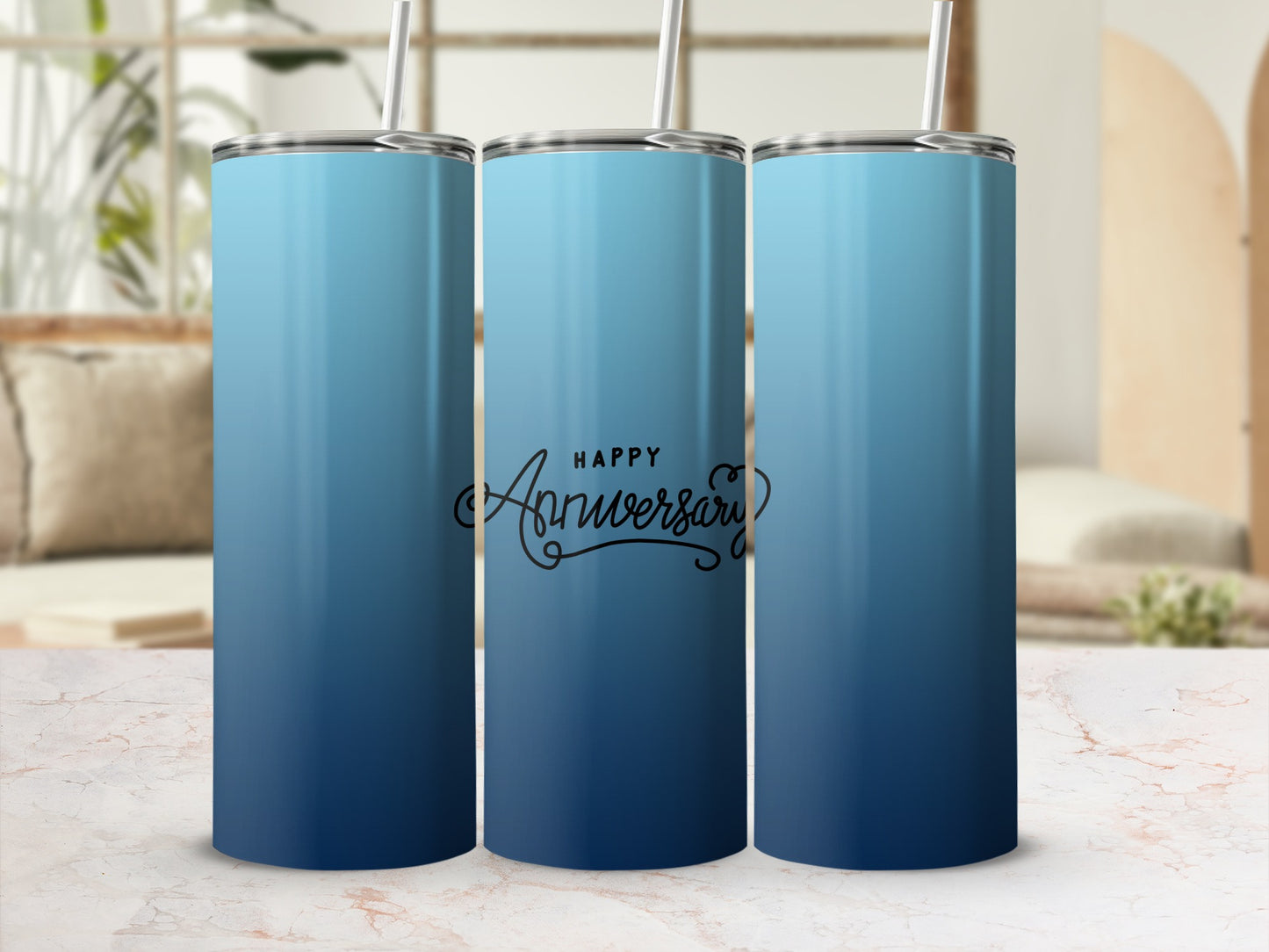 Blue gradient tumbler with "Happy Anniversary" text.