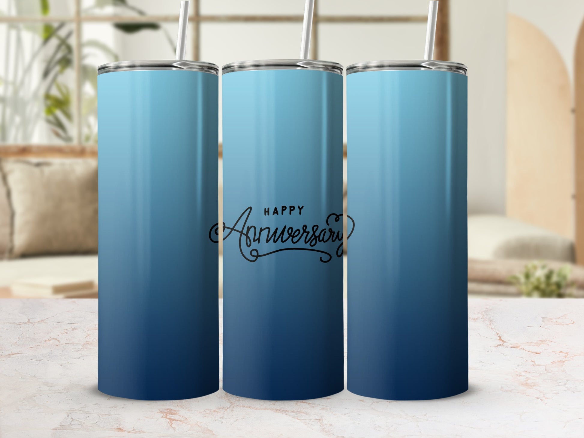 Blue gradient tumbler with "Happy Anniversary" text.