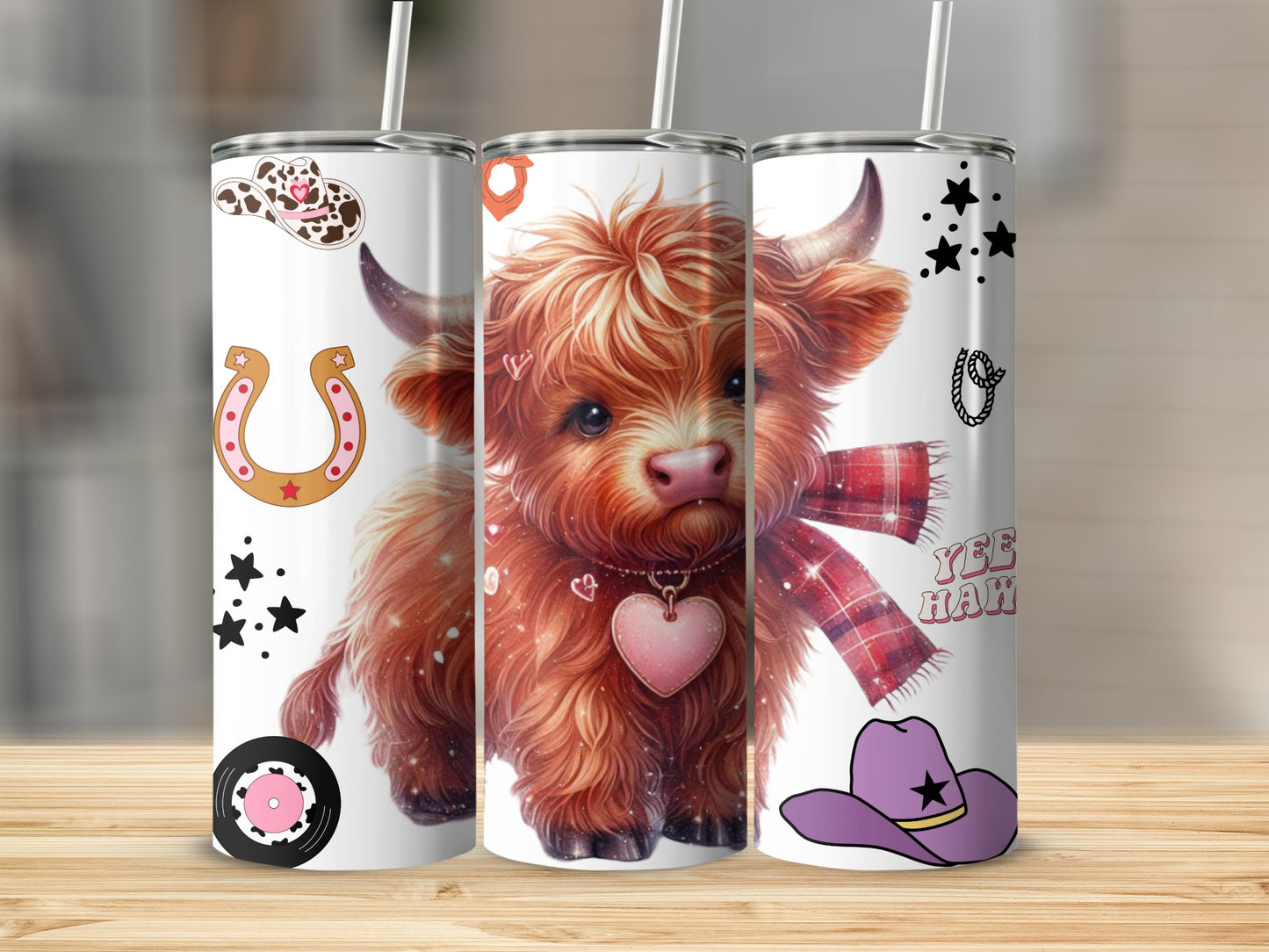 Cute Highland Cow with Western Patterns Travel Tumbler