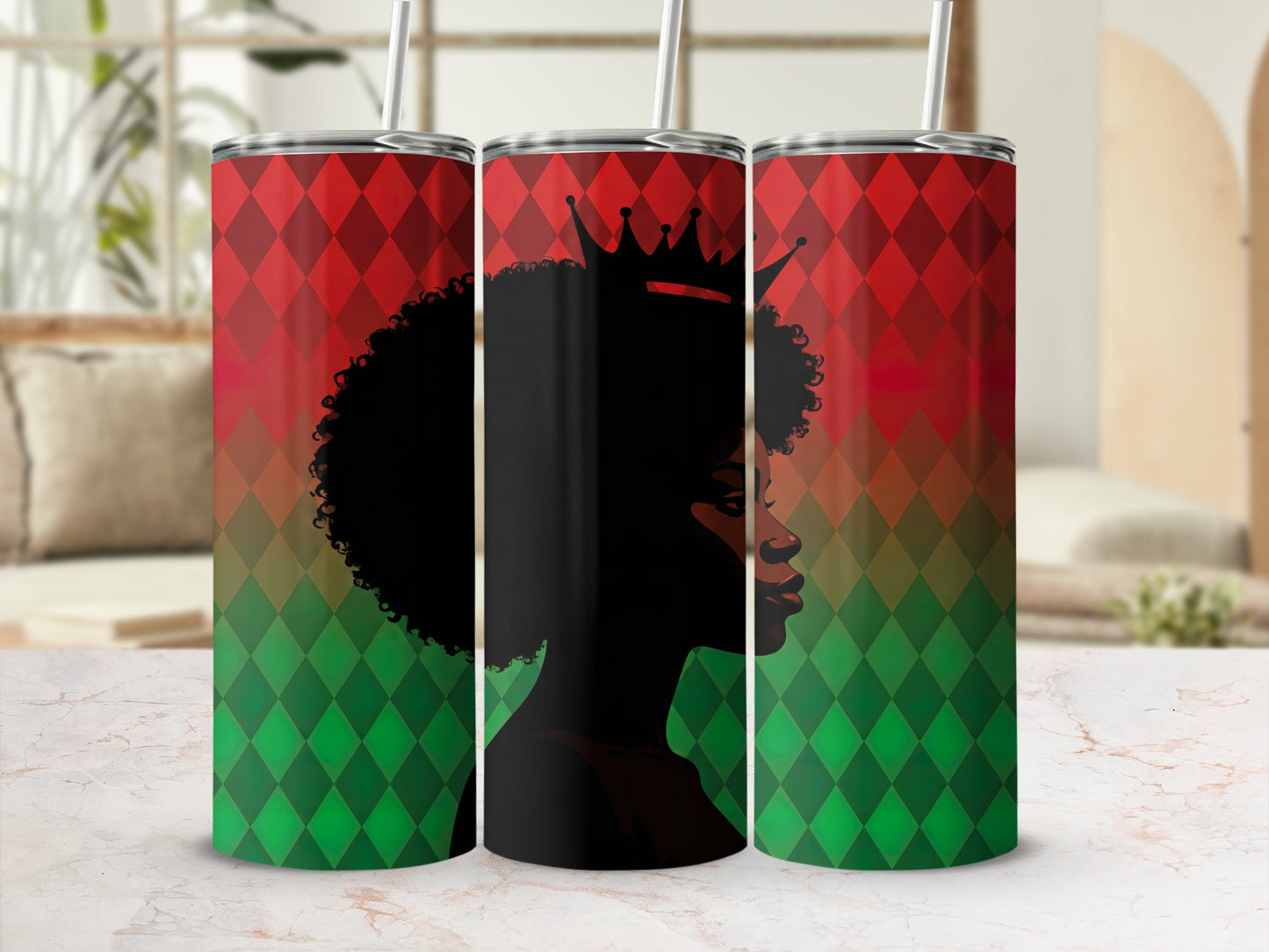 Three tumblers with a Black queen silhouette on a red and green diamond background.