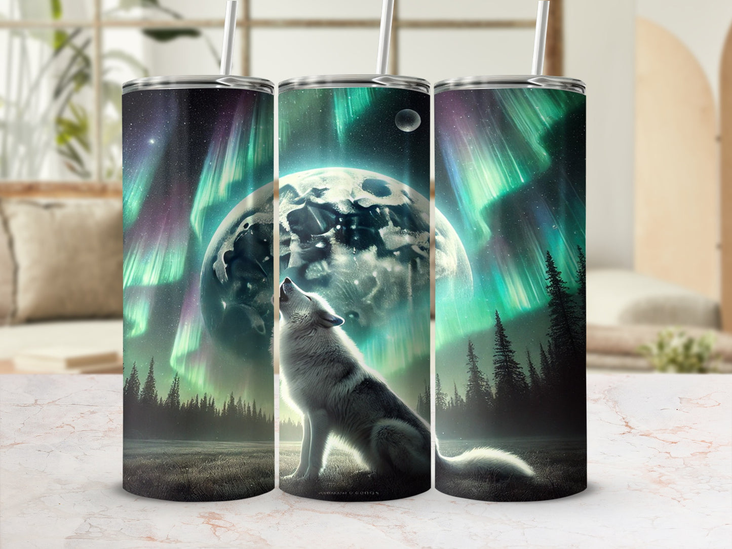 Northern Lights Wolf Howling Moon Tumbler with Straw