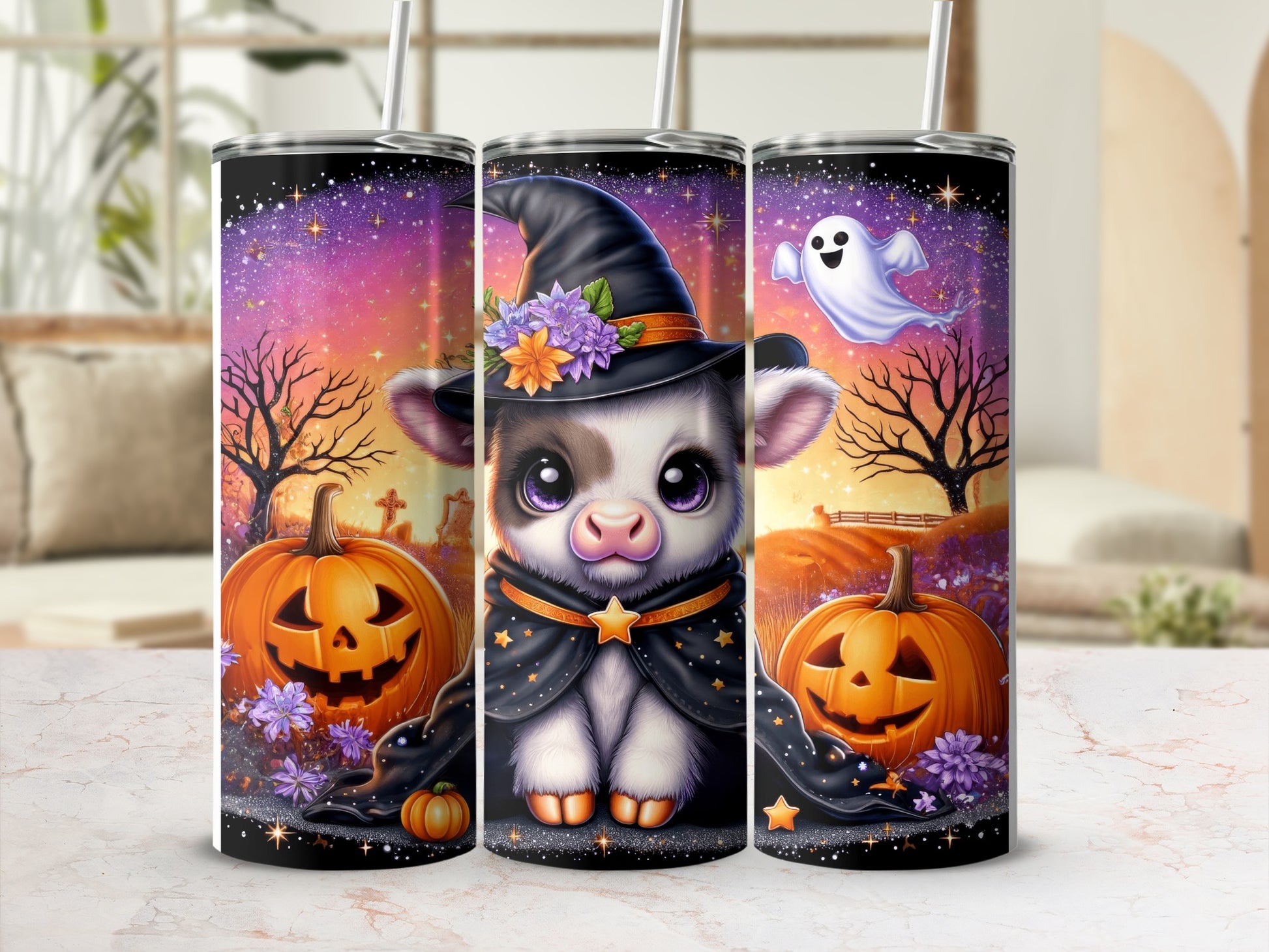 Cute cow in witch hat and cape with pumpkins and ghost.