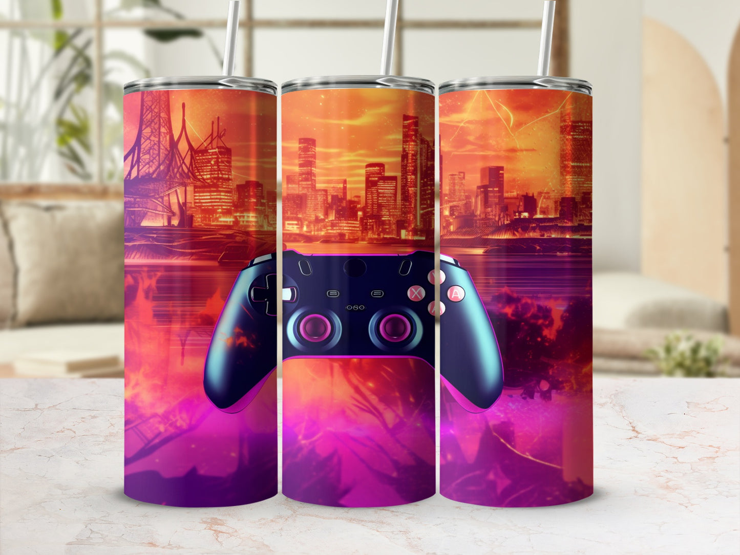 Triptych of tumblers featuring a neon cityscape and video game controller.
