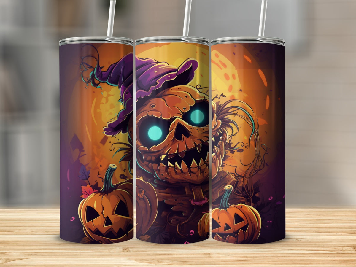 Three tumblers feature a spooky scarecrow with glowing eyes and pumpkins.
