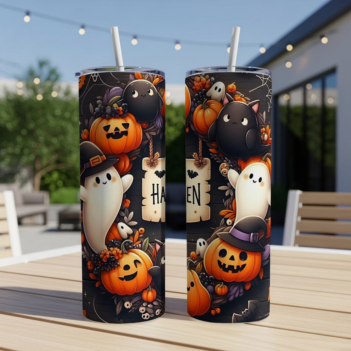 Two tumblers with Halloween design featuring ghosts, pumpkins, and black cats.
