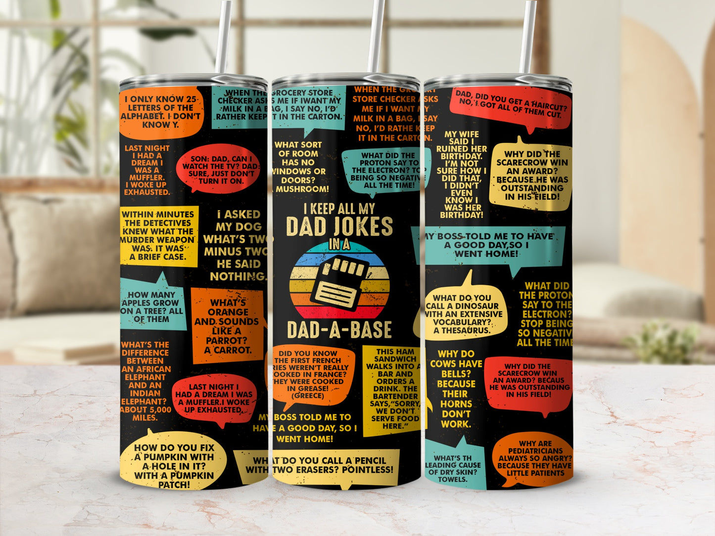 Tumbler with "Dad Jokes in a Dad-a-Base" and various dad jokes.