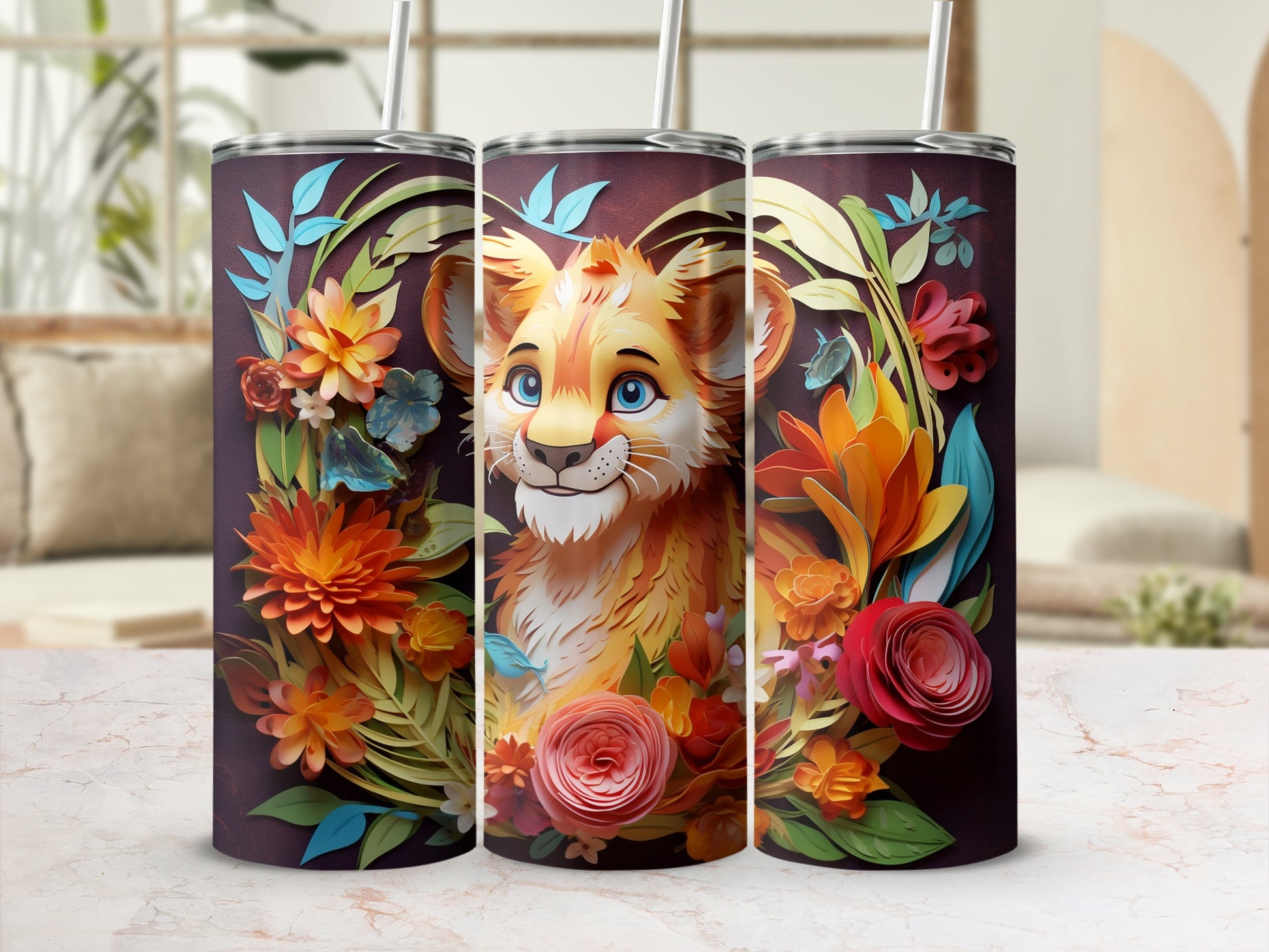 Colorful Floral Design with Cute Tiger Tumbler
