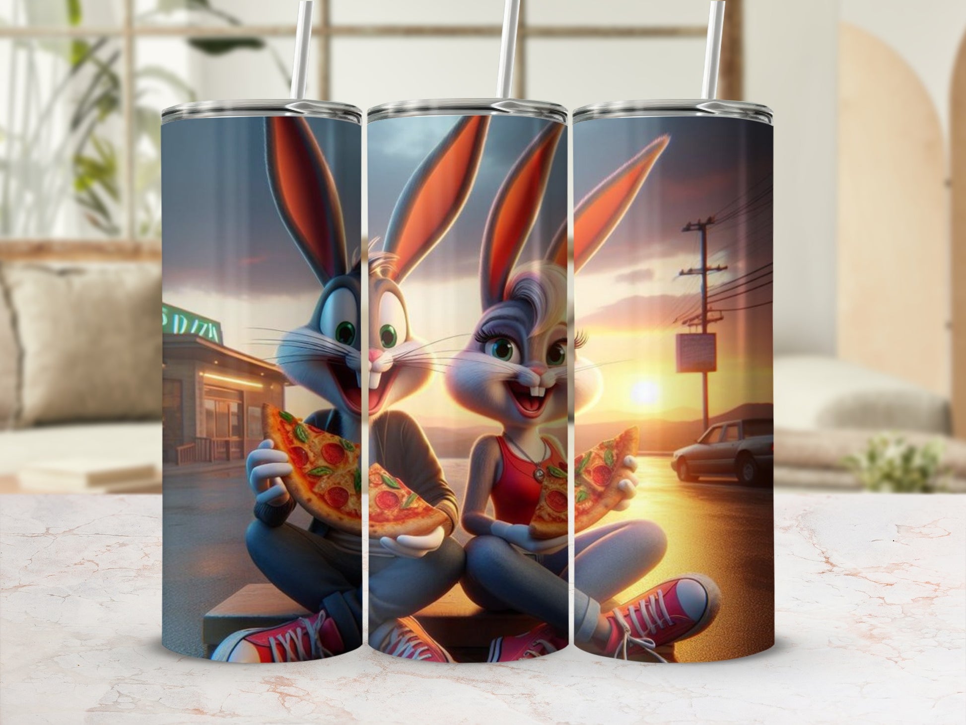 Animated Rabbits Enjoying Pizza Sunset Scene Tumbler