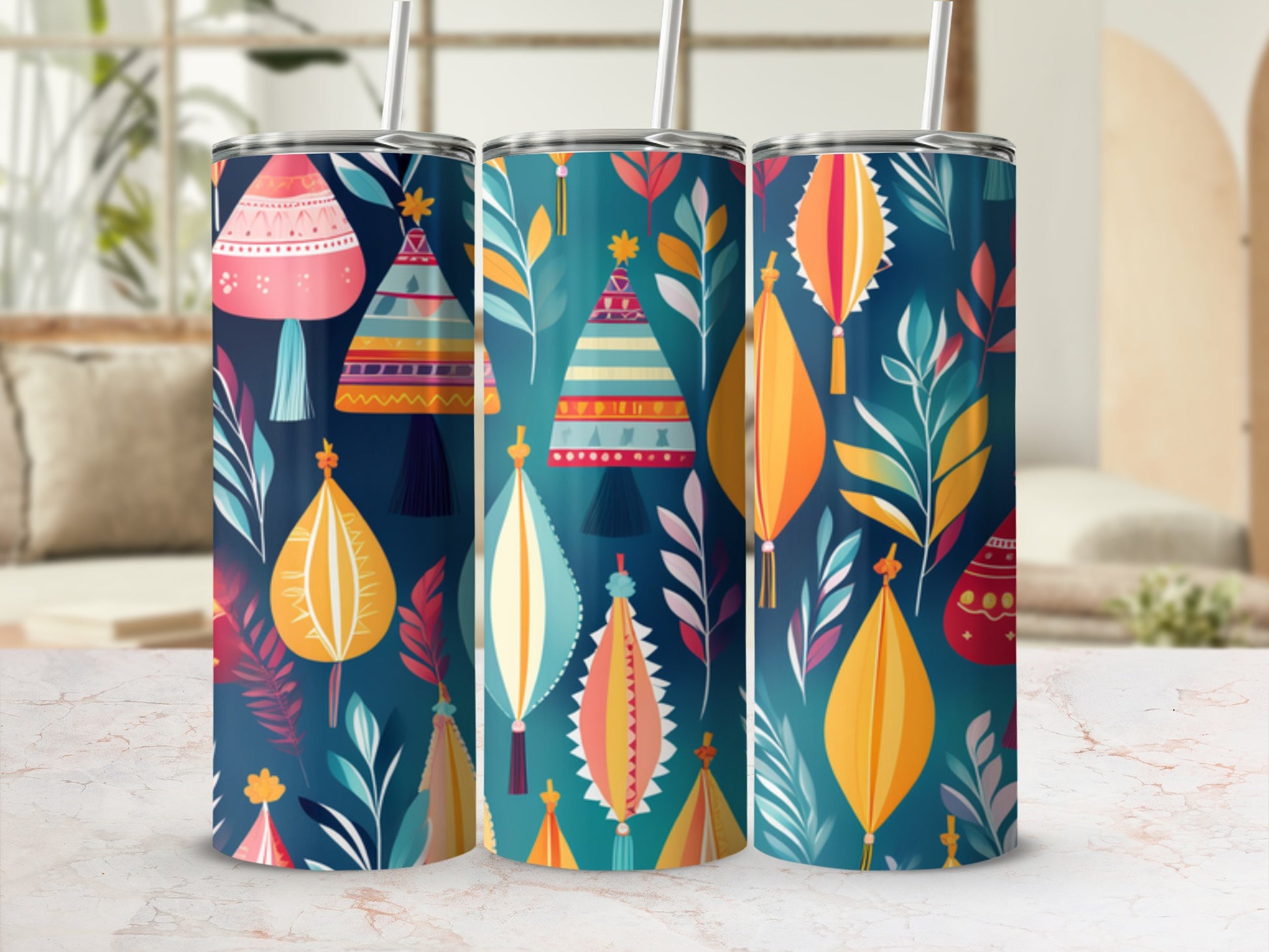 Three tumblers with boho-style lanterns and foliage in navy and teal.