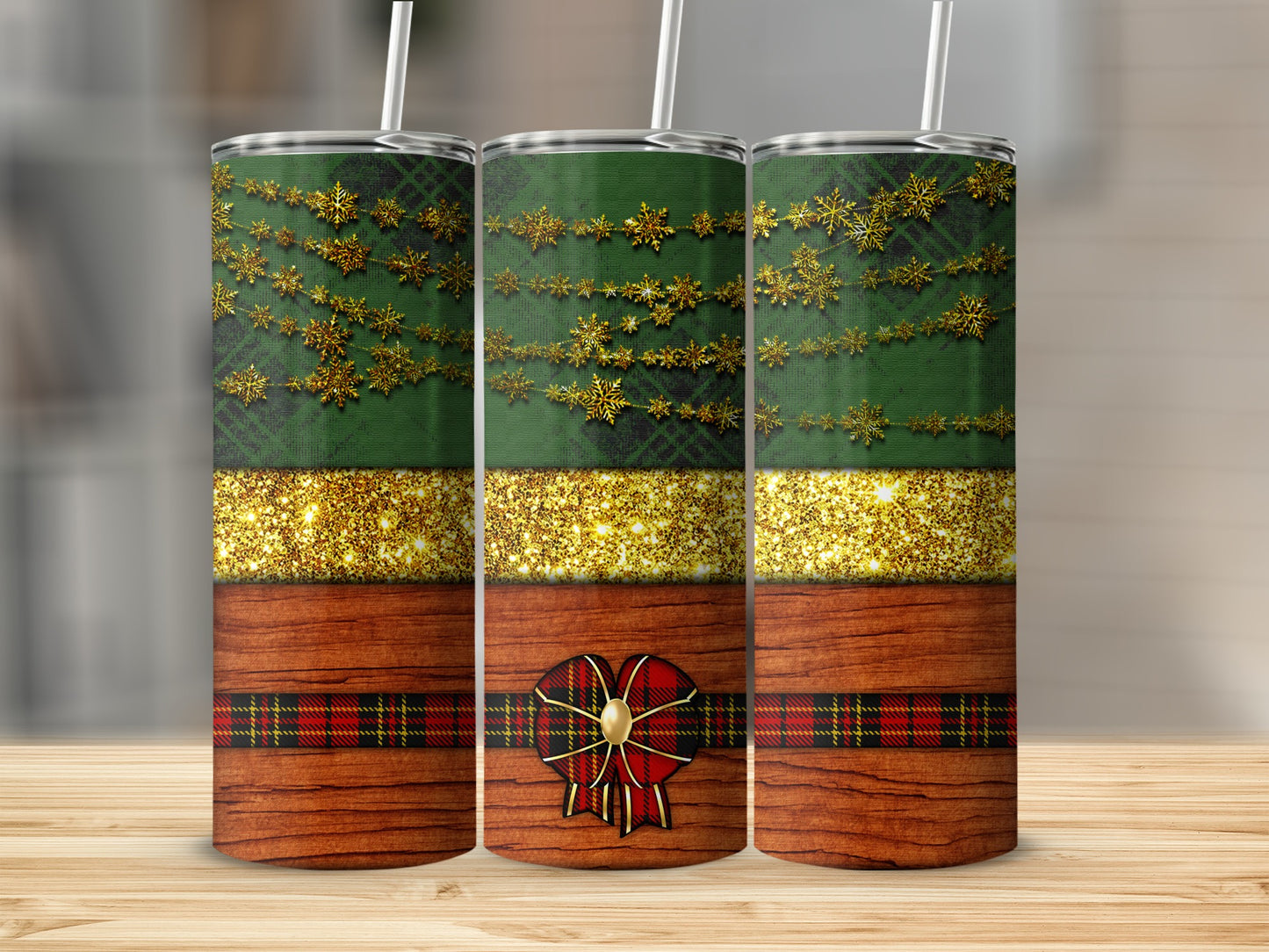 Green plaid tumbler with snowflakes, glitter, and a red plaid bow.