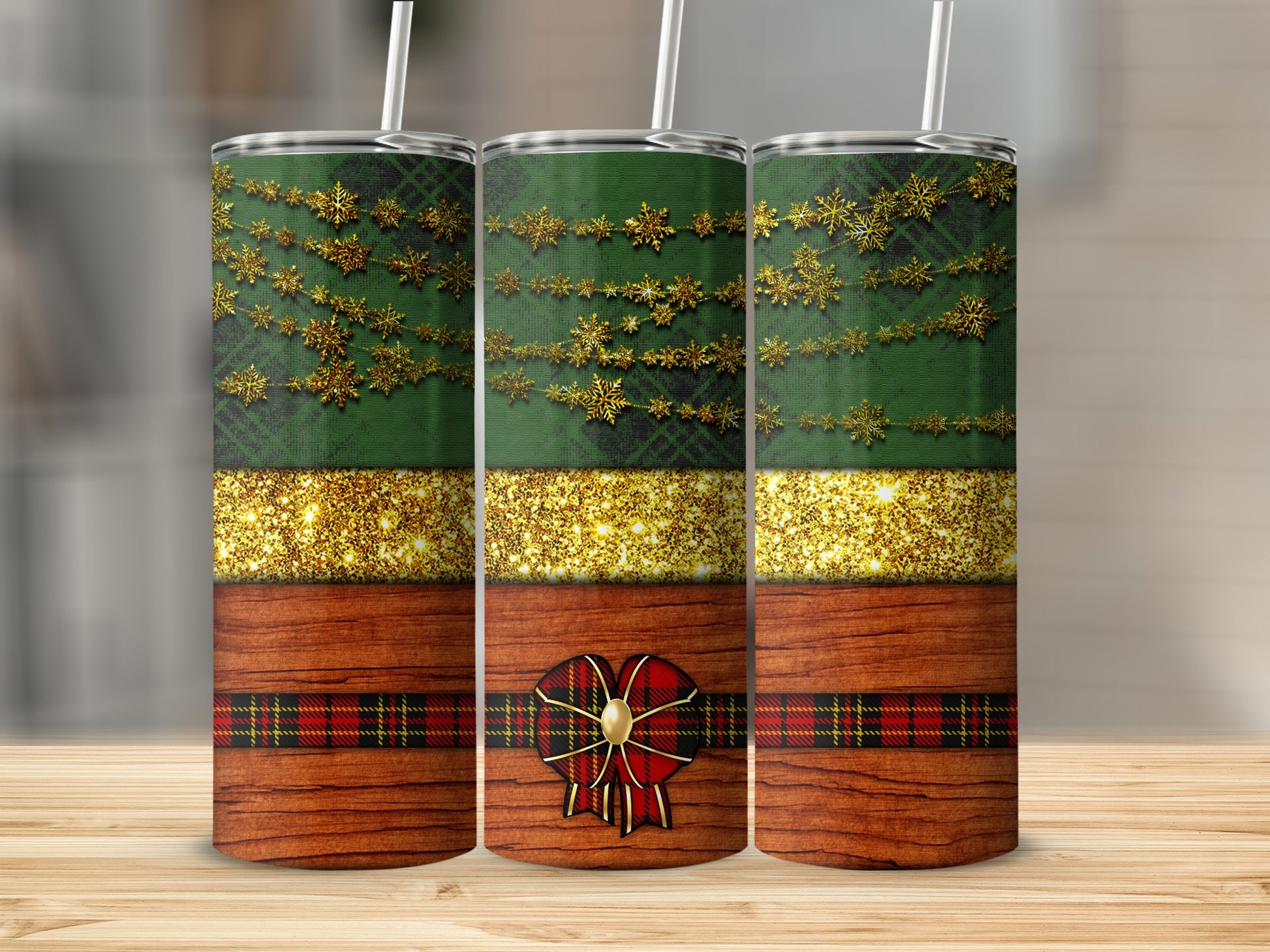 Green plaid tumbler with snowflakes, glitter, and a red plaid bow.