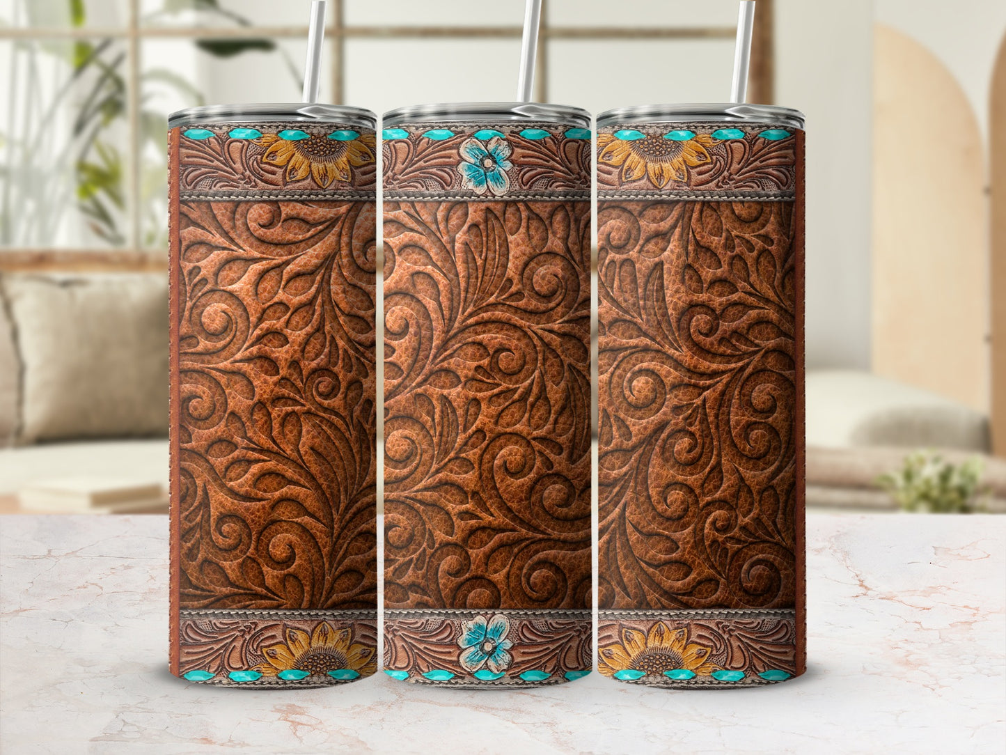 Three brown leather-textured tumblers with floral and scroll designs.