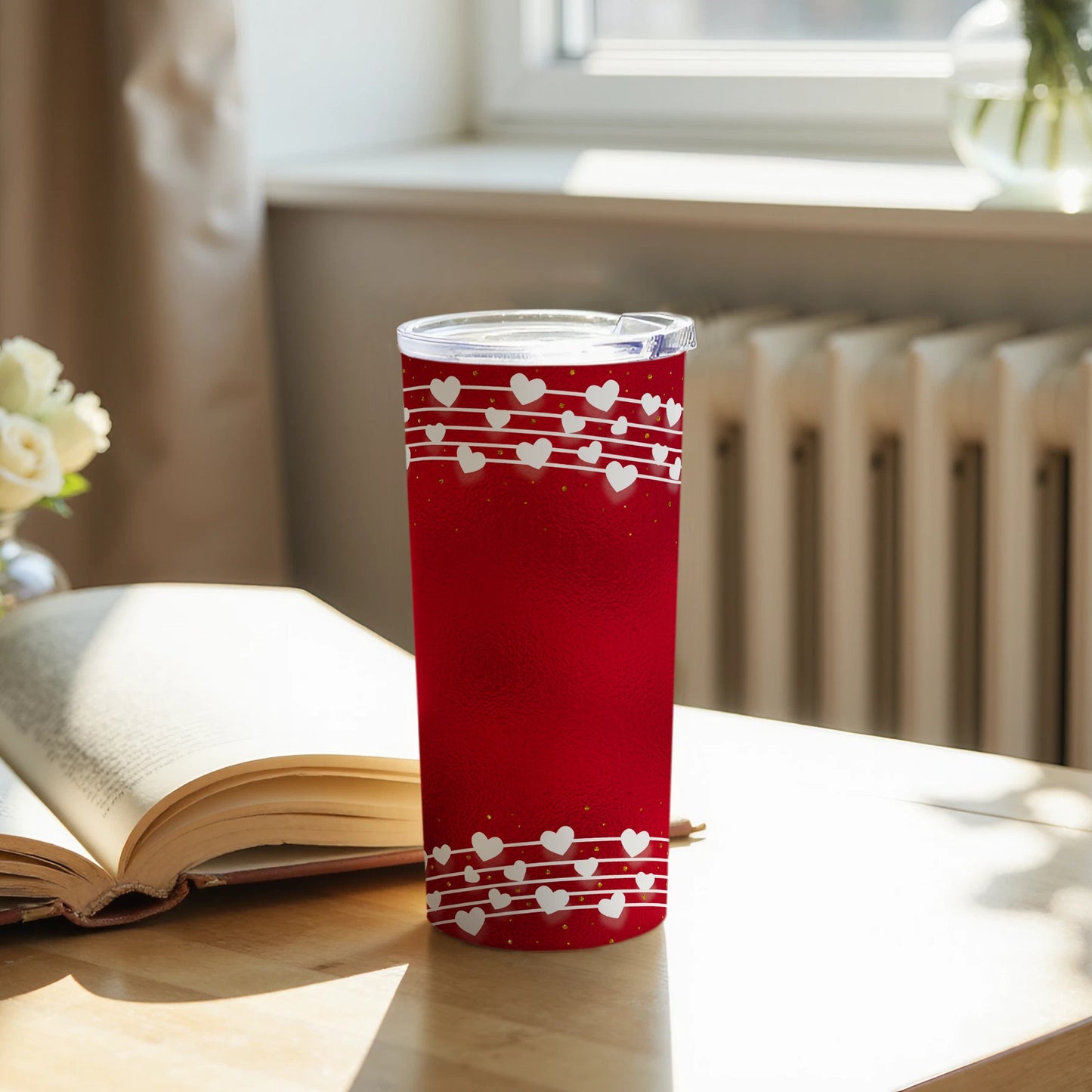 Red Tumbler with Heart Design for Hot or Cold Drinks