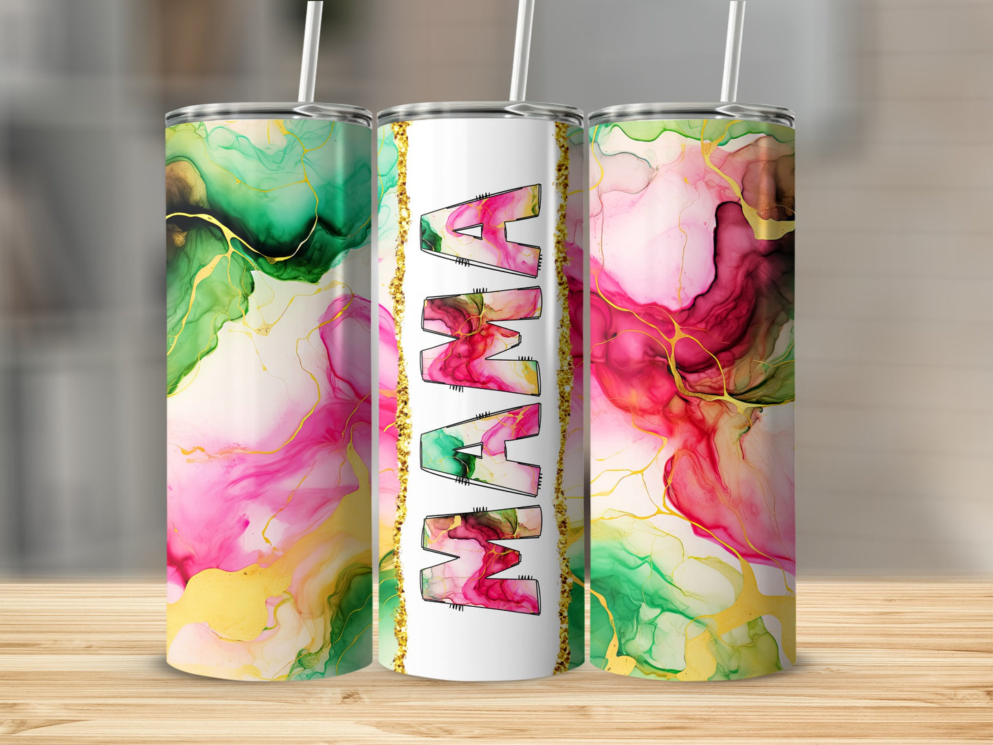 Mama tumbler with pink, green, and gold abstract watercolor design.