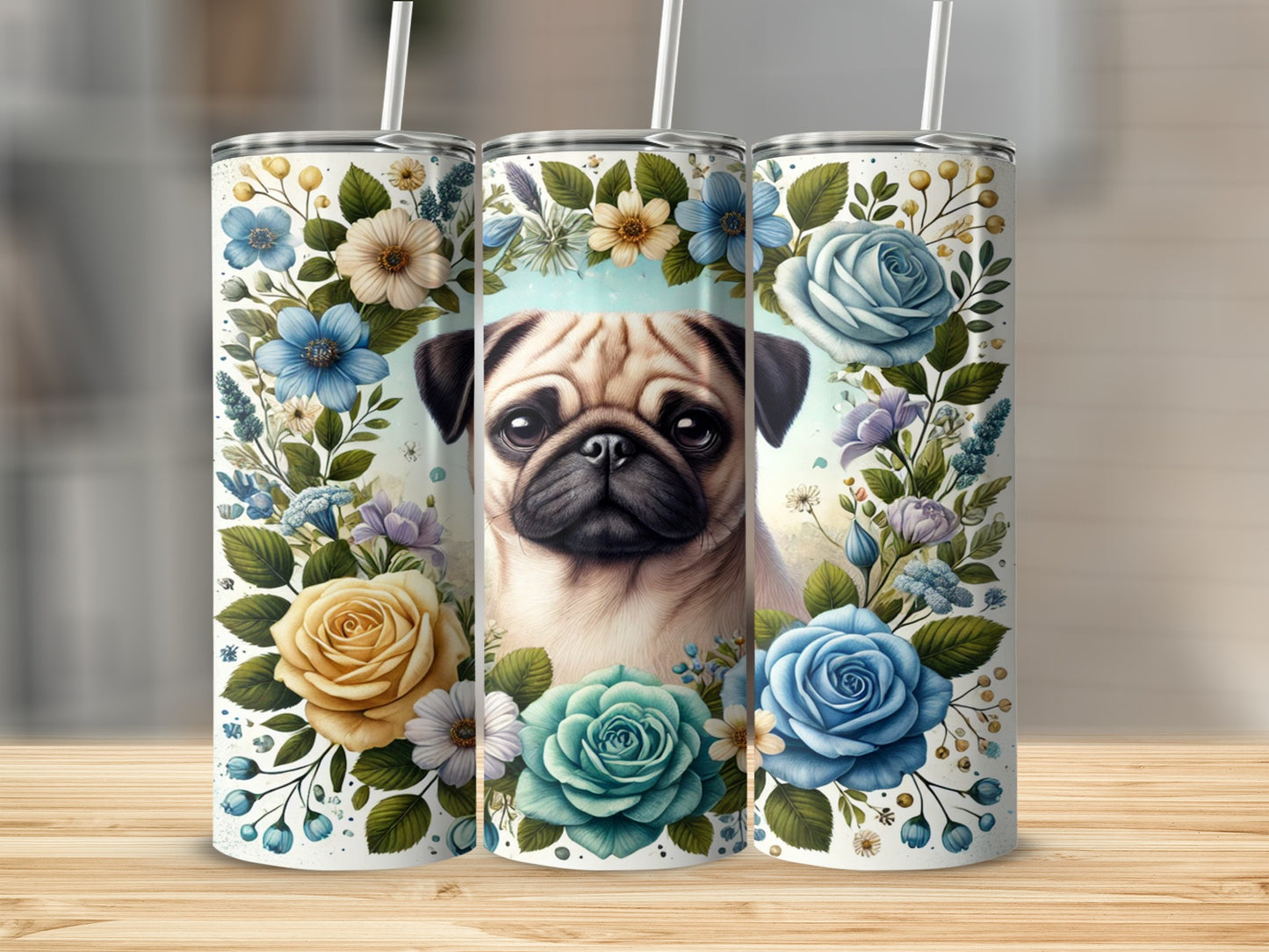 Floral Pug Illustration Tumbler with Straw 20oz