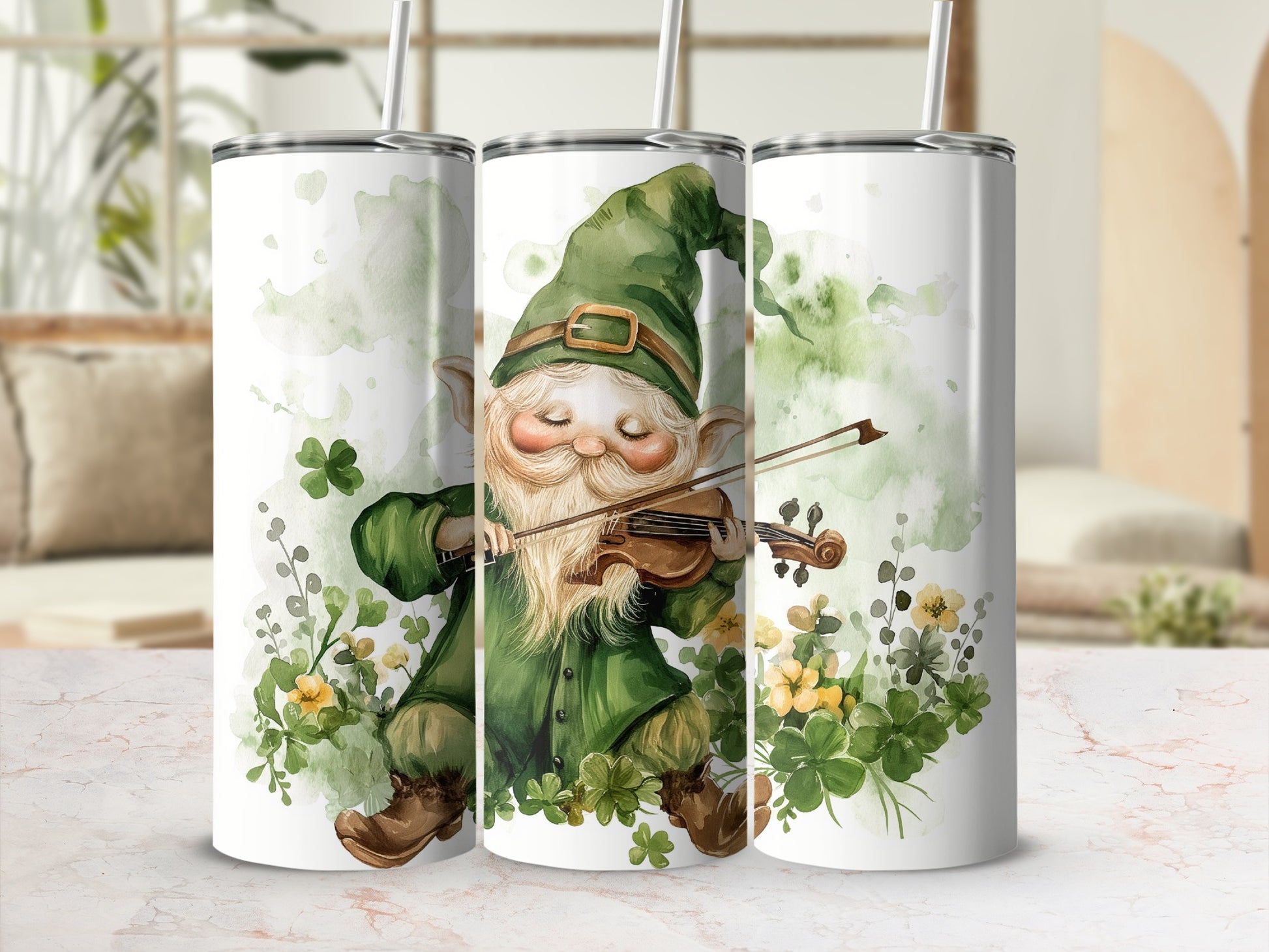 Leprechaun playing a violin with shamrocks and yellow flowers.