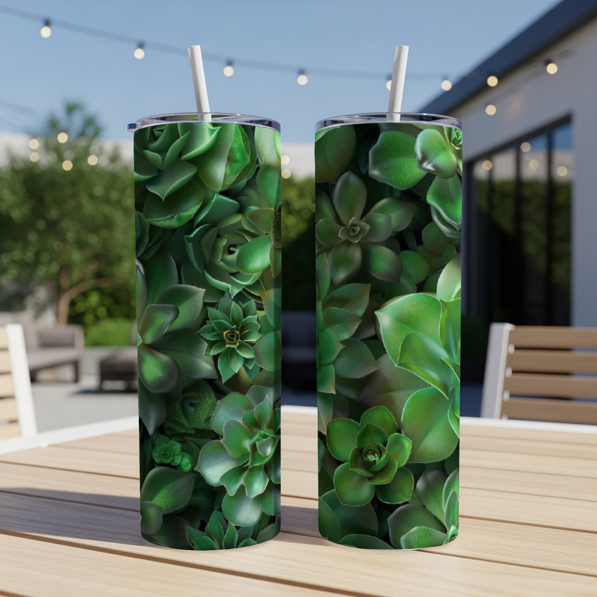 Two tumblers with a close-up pattern of lush green succulents.