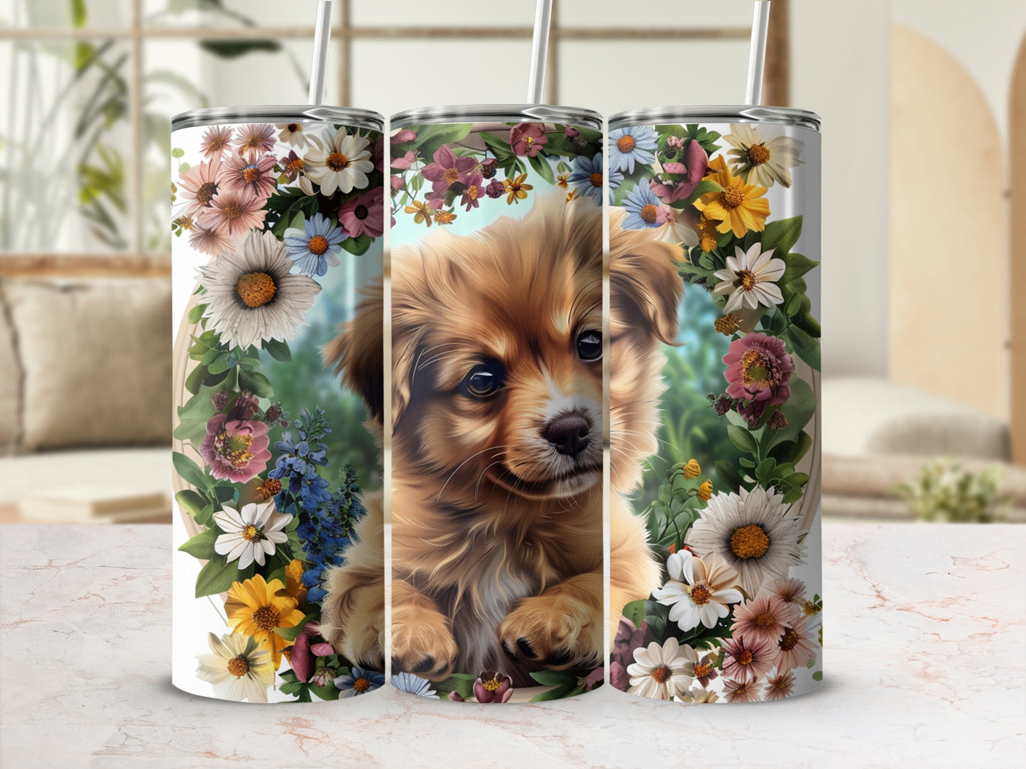 Three tumblers featuring a cute puppy surrounded by a floral wreath.