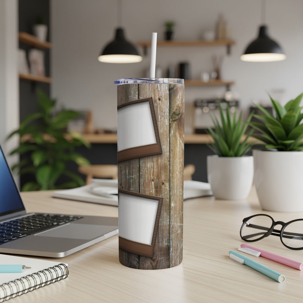 Tumbler with rustic wood grain design and two empty photo frame holders.