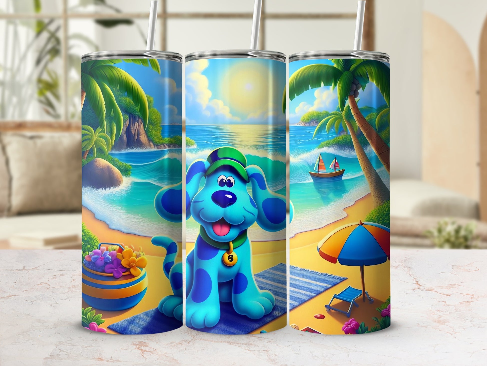 Tropical Beach Dog-Themed Tumbler with Blue Cartoon Dog