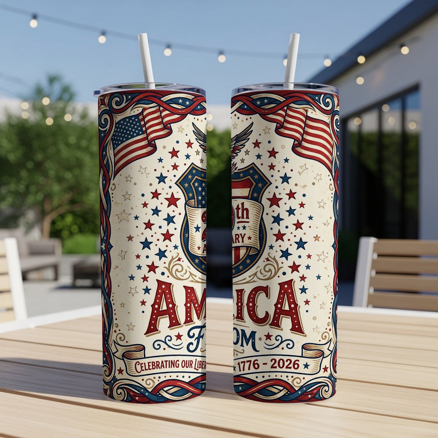 USA flag tumbler with "America" and "1776-2026" text.