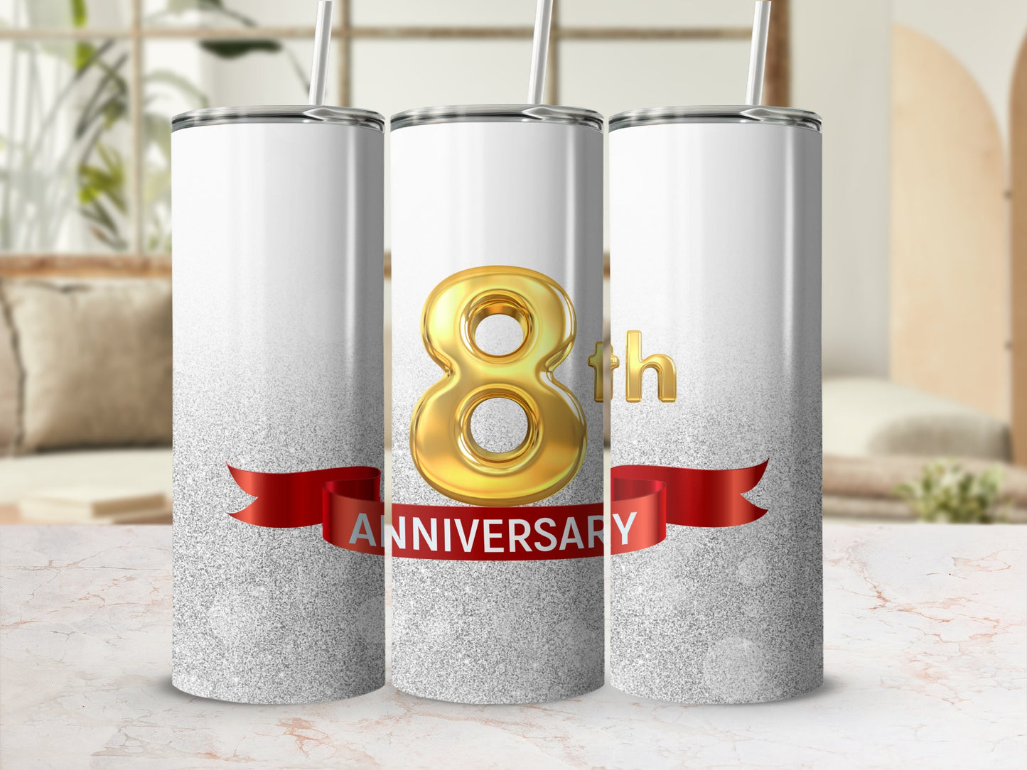 Gold 8th Anniversary text on a glittery tumbler with a red ribbon.
