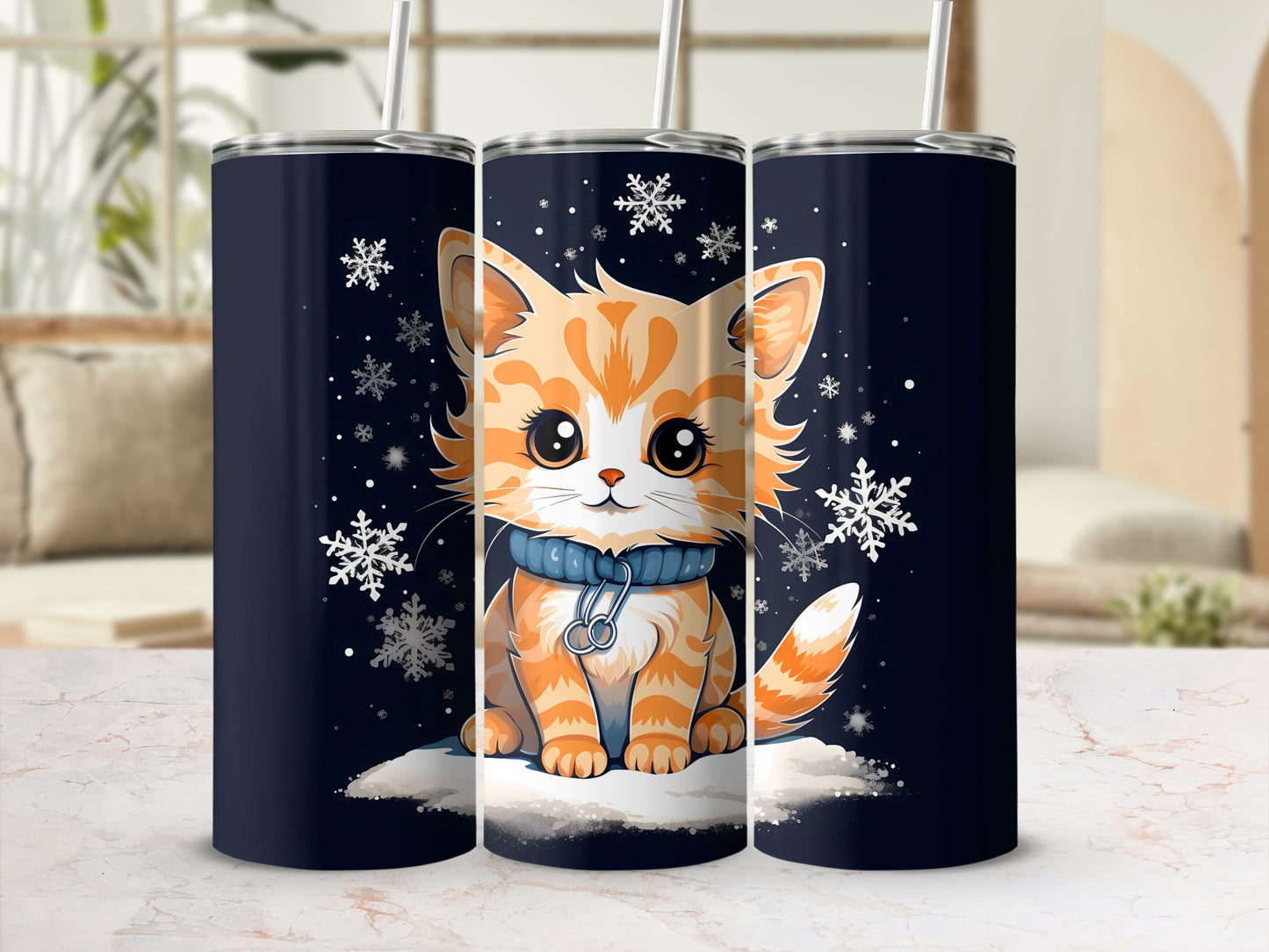 Orange tabby kitten with blue scarf surrounded by snowflakes on a navy background.