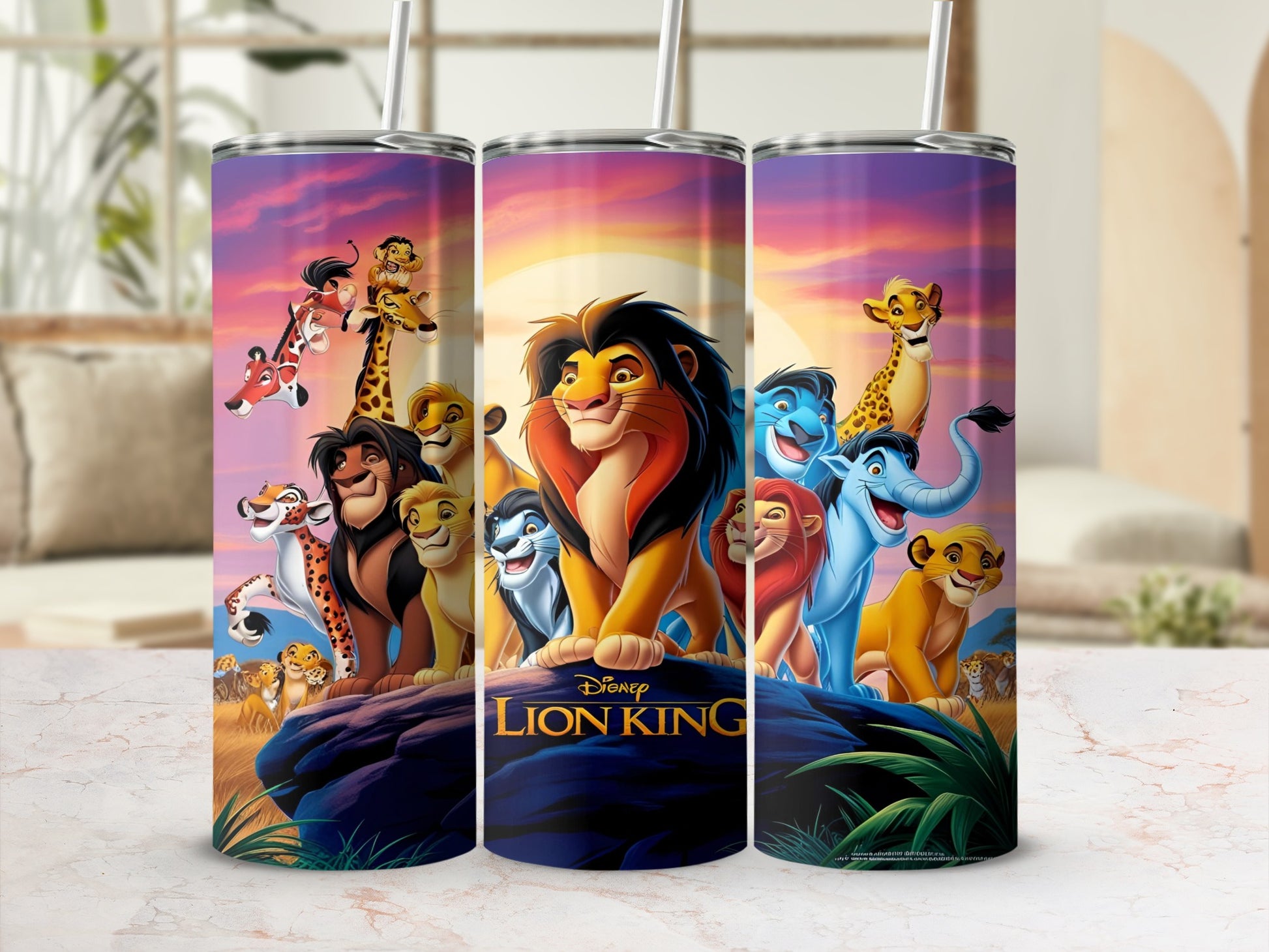 The Lion King characters on a tumbler with a sunset background.