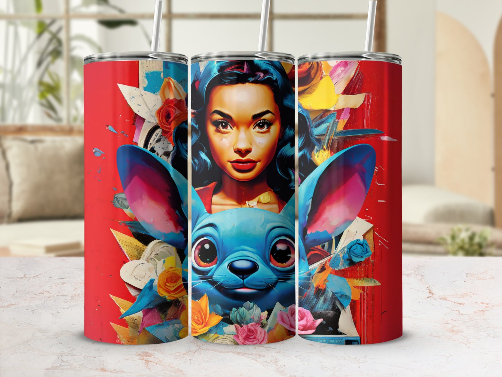 Tumbler with a vibrant collage featuring a woman's face and Stitch from Lilo & Stitch.