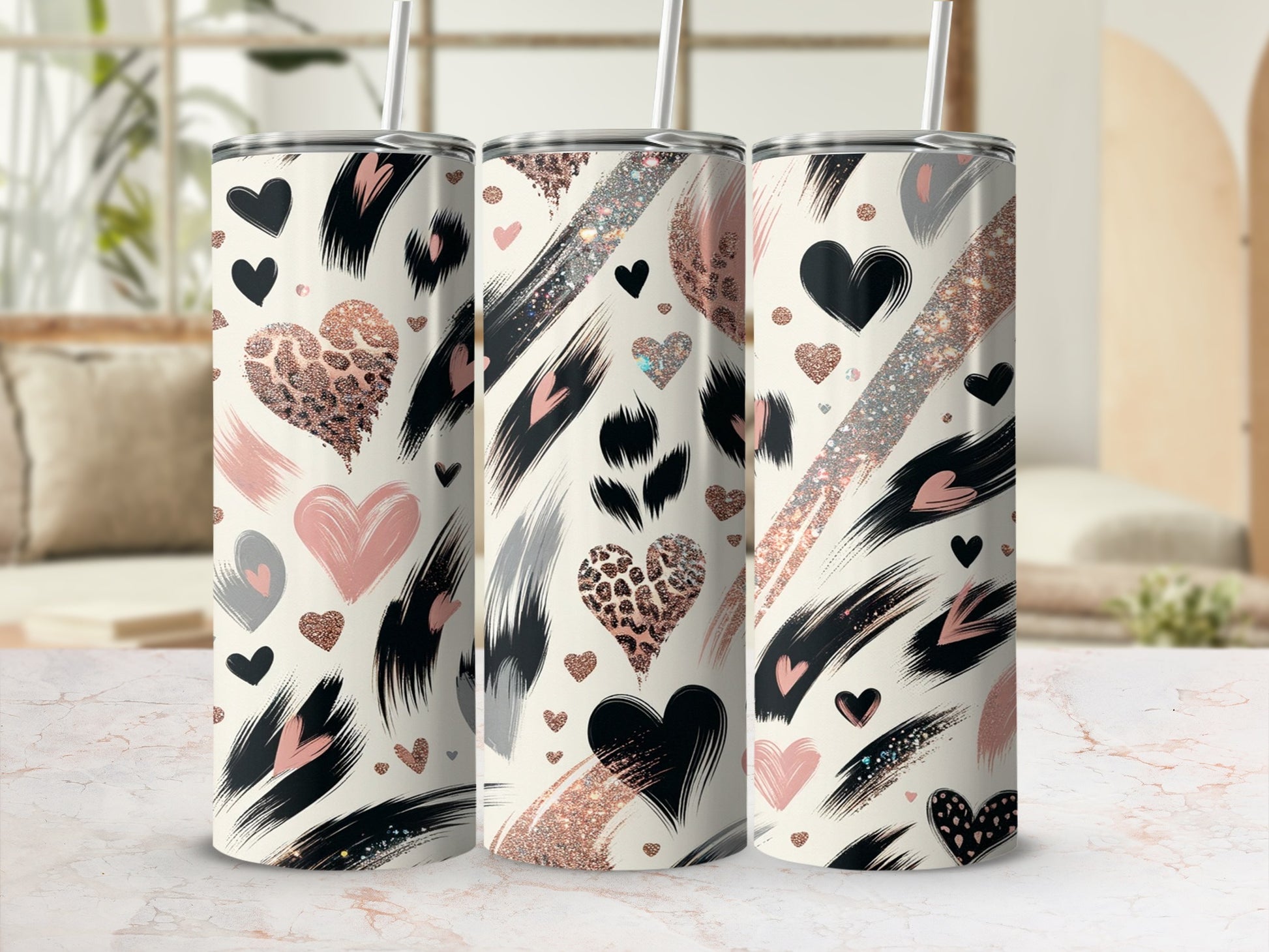 Abstract Hearts Glitter Brush Strokes Tumbler product type