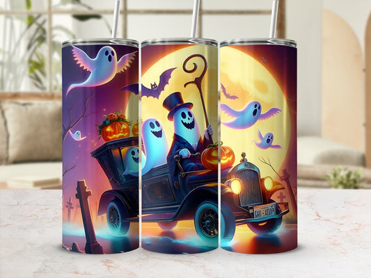 Halloween themed tumbler with ghosts, pumpkins, bats, and a car.