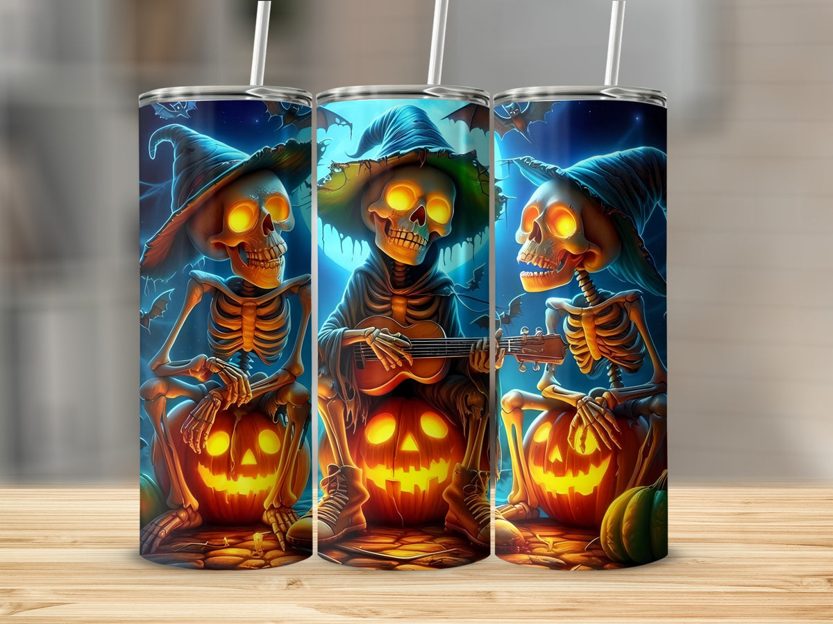 Three skeletons wear witch hats, one plays guitar, all sit on pumpkins.