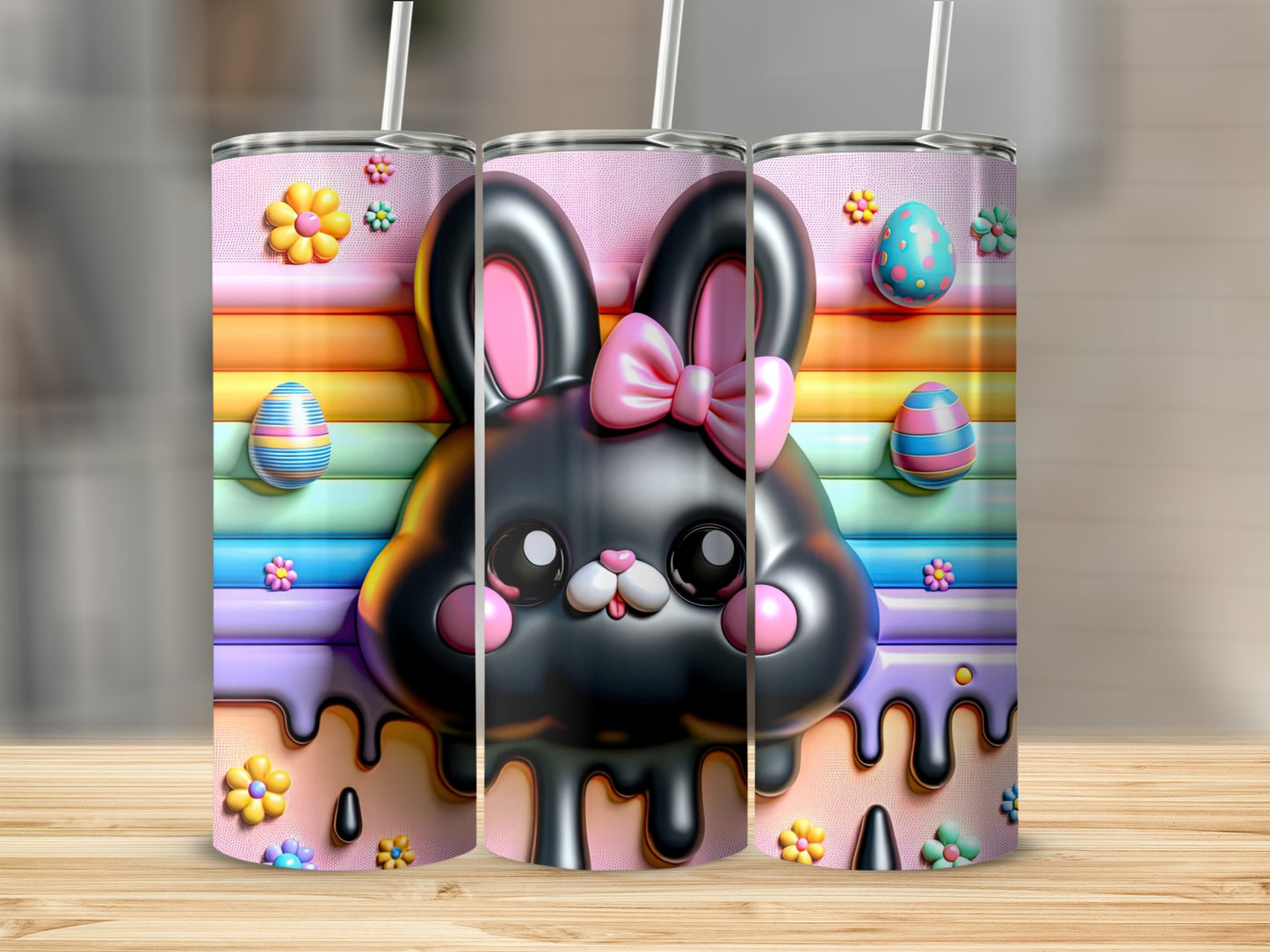 Black bunny with pink bow on pastel Easter egg and flower tumbler.