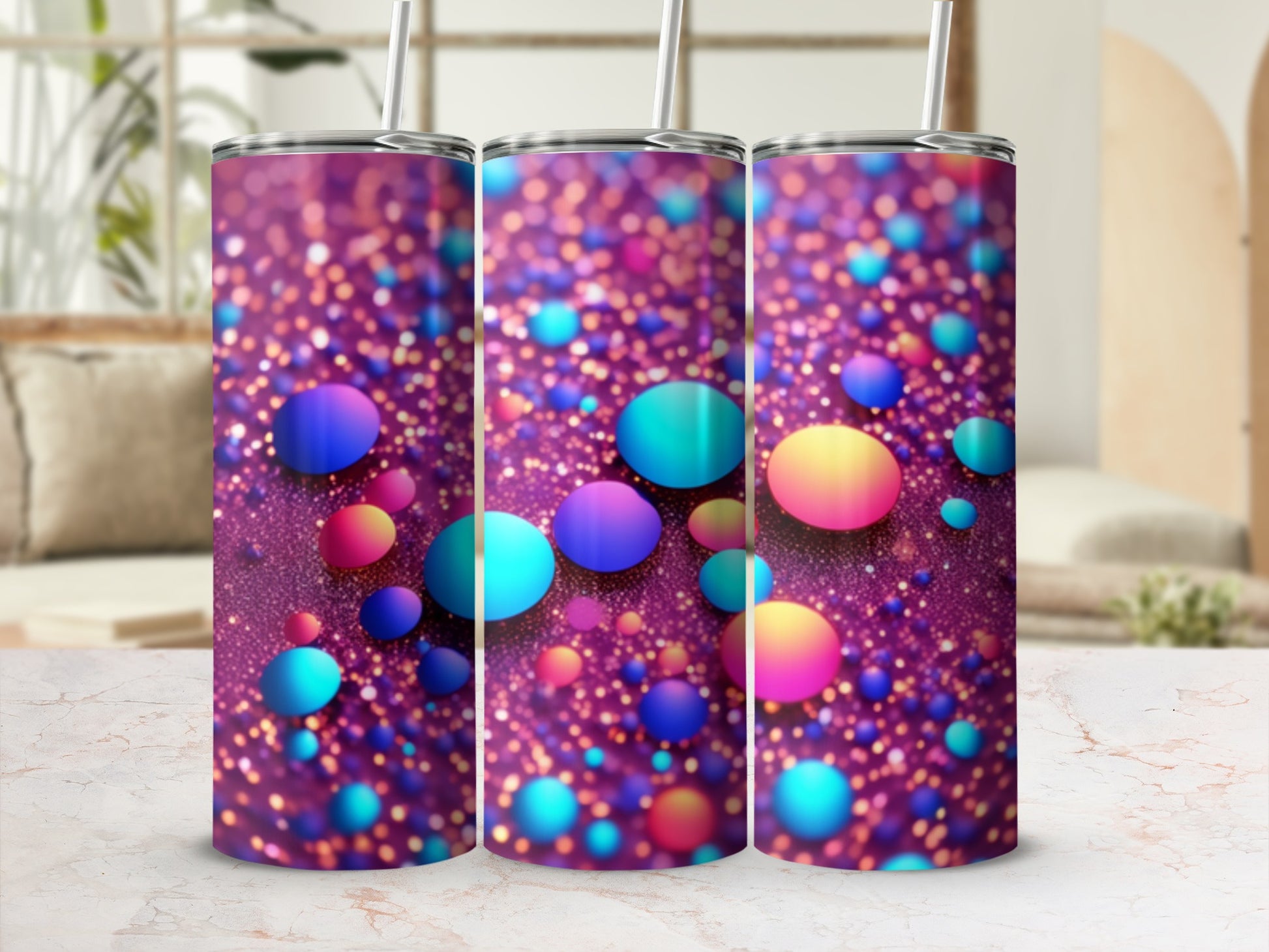Three tumblers with a purple background and colorful bokeh light effect.
