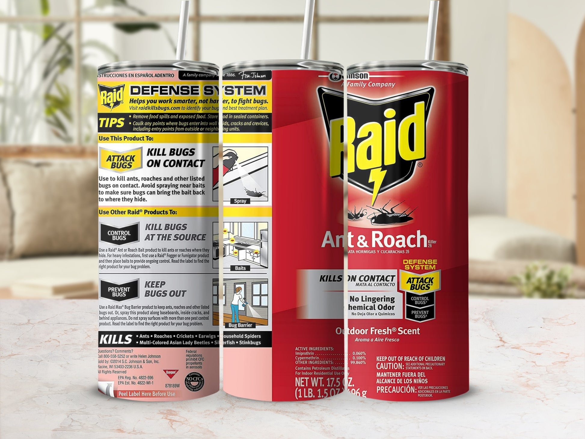 Raid Ant & Roach Killer Bug Barrier spray can with English and Spanish instructions.