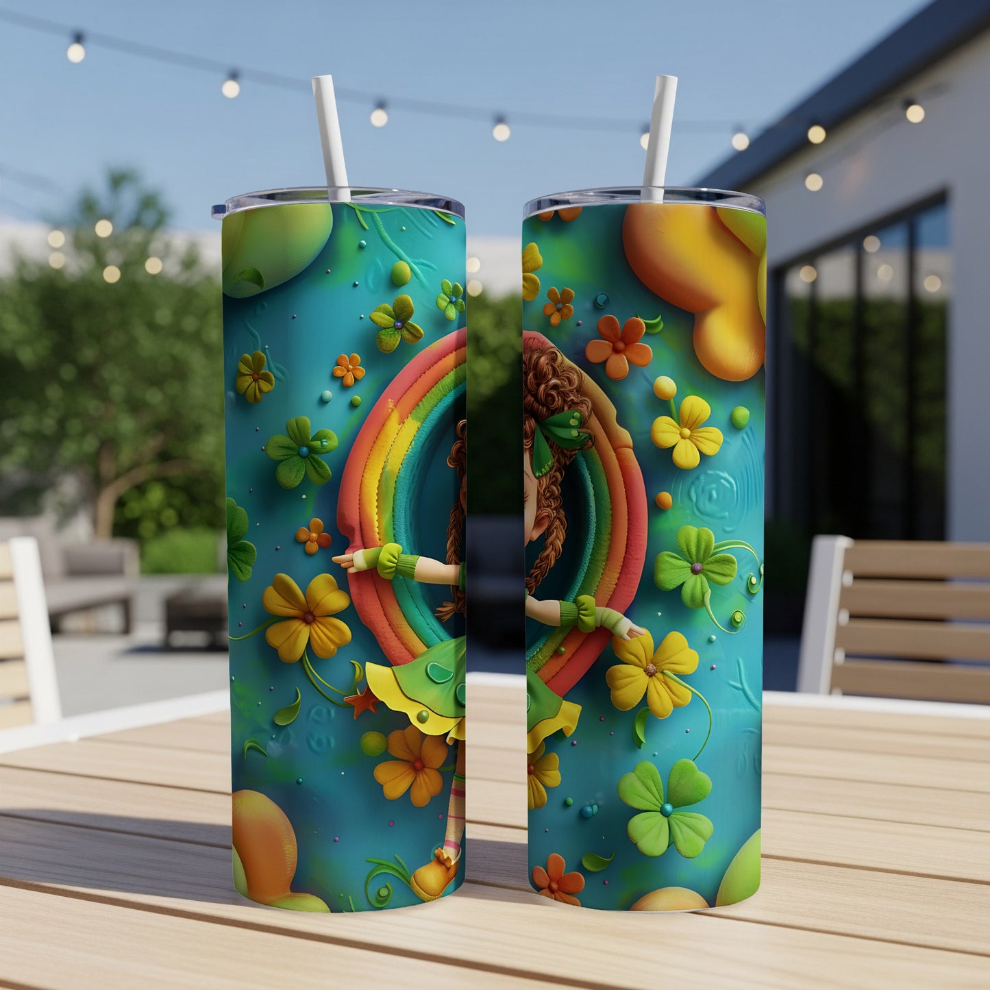 St. Patrick's Day tumbler with leprechaun, rainbow, and shamrocks.