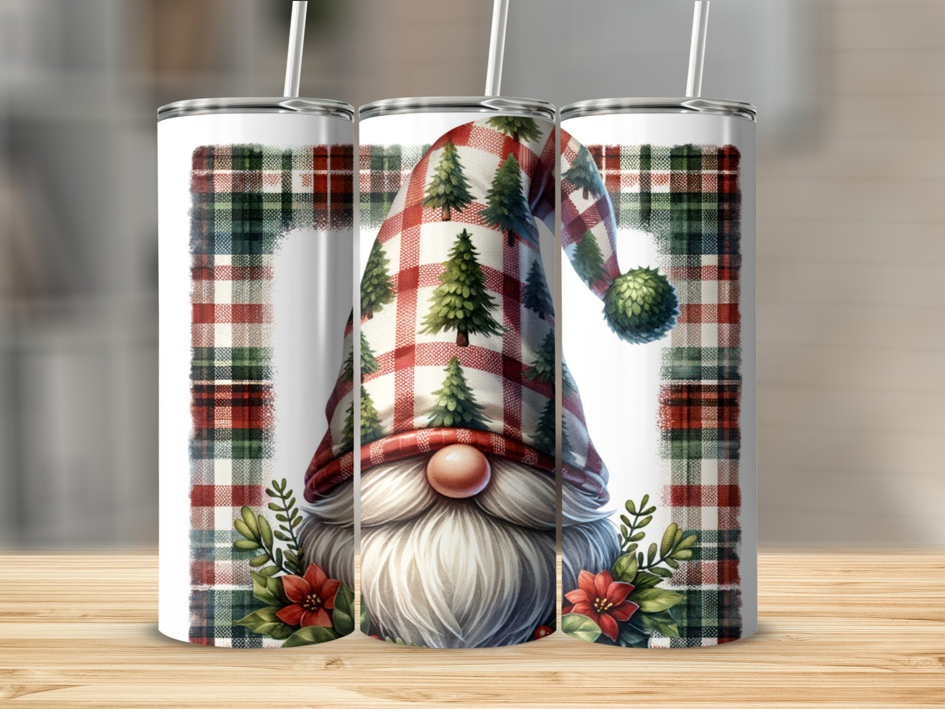 Christmas gnome with plaid hat and pine trees, surrounded by poinsettias.