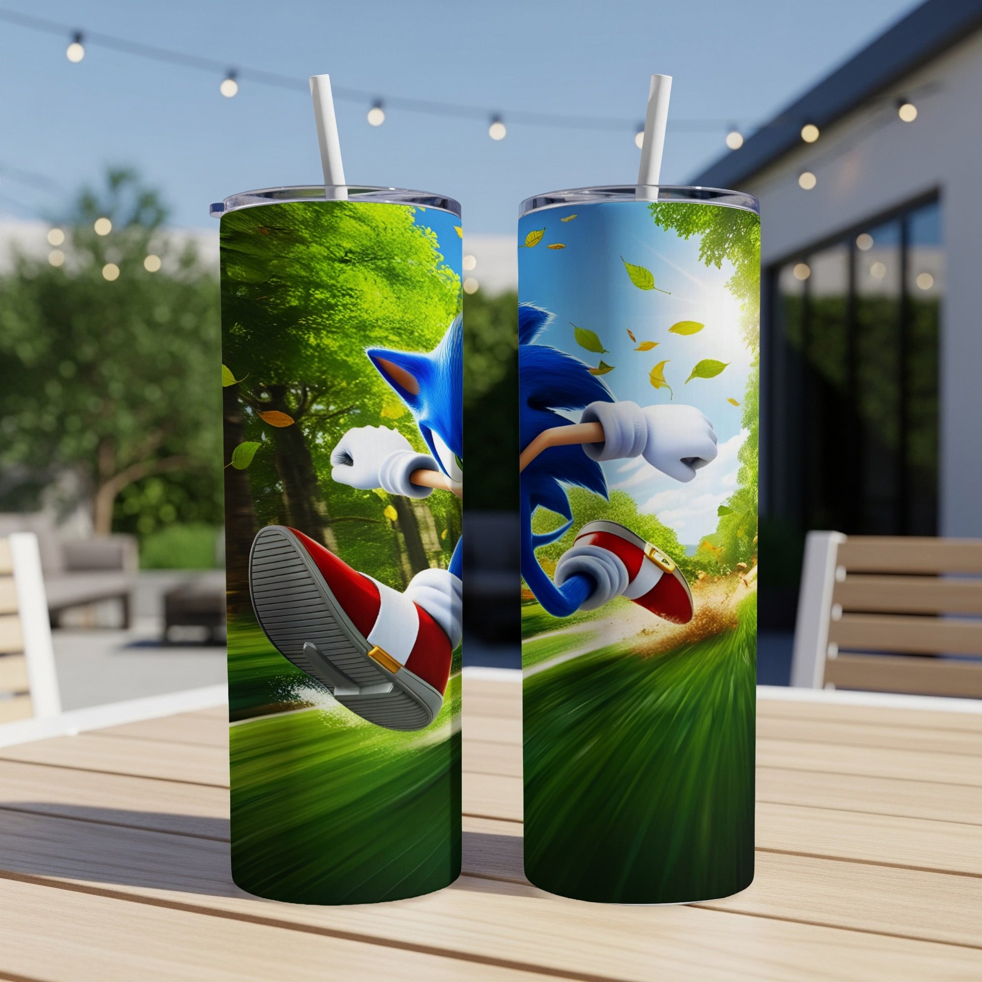 Sonic the Hedgehog running through a green forest with sun rays.